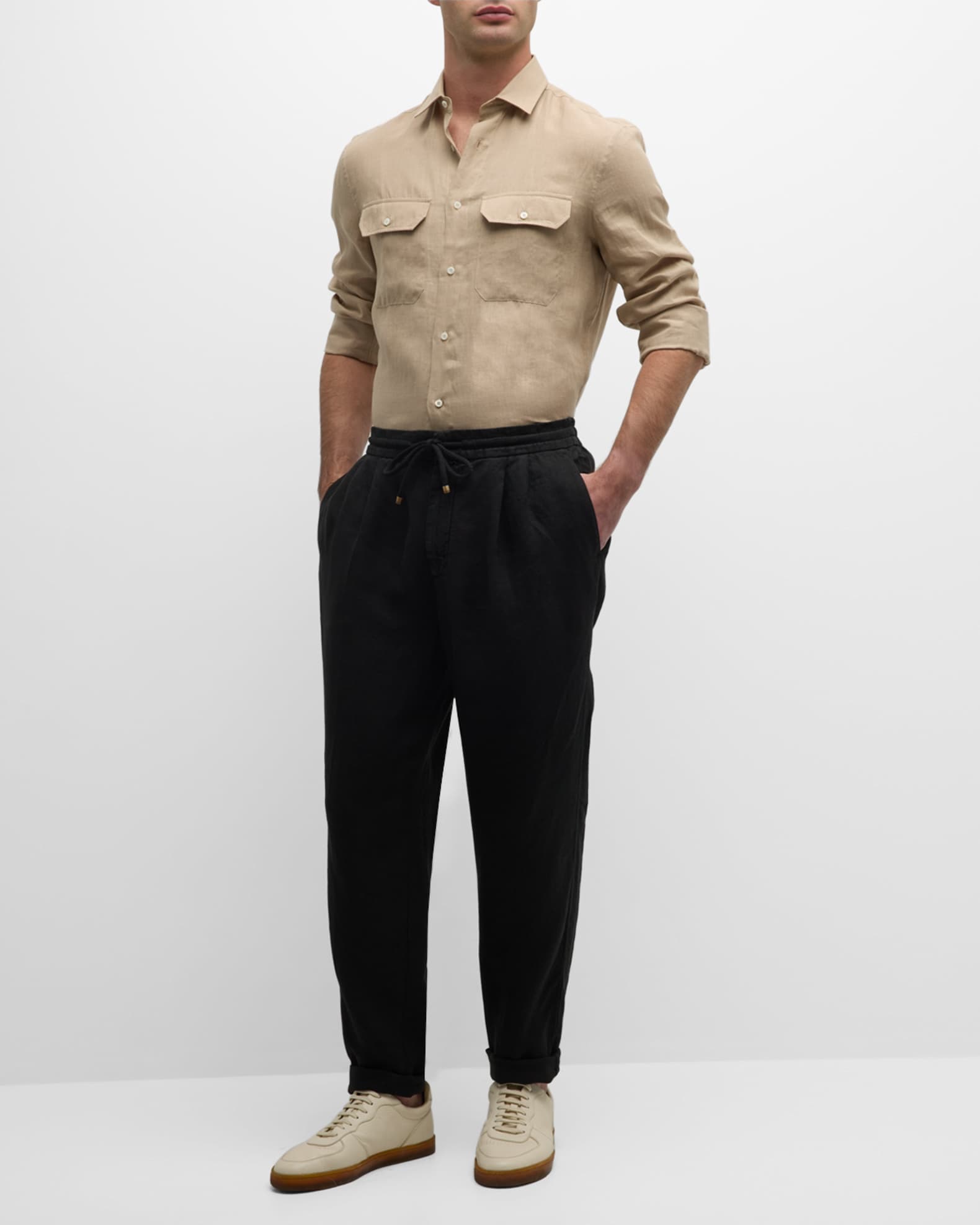 Mens Brunello Cucinelli neutrals Wool-Linen Drawstring Trousers