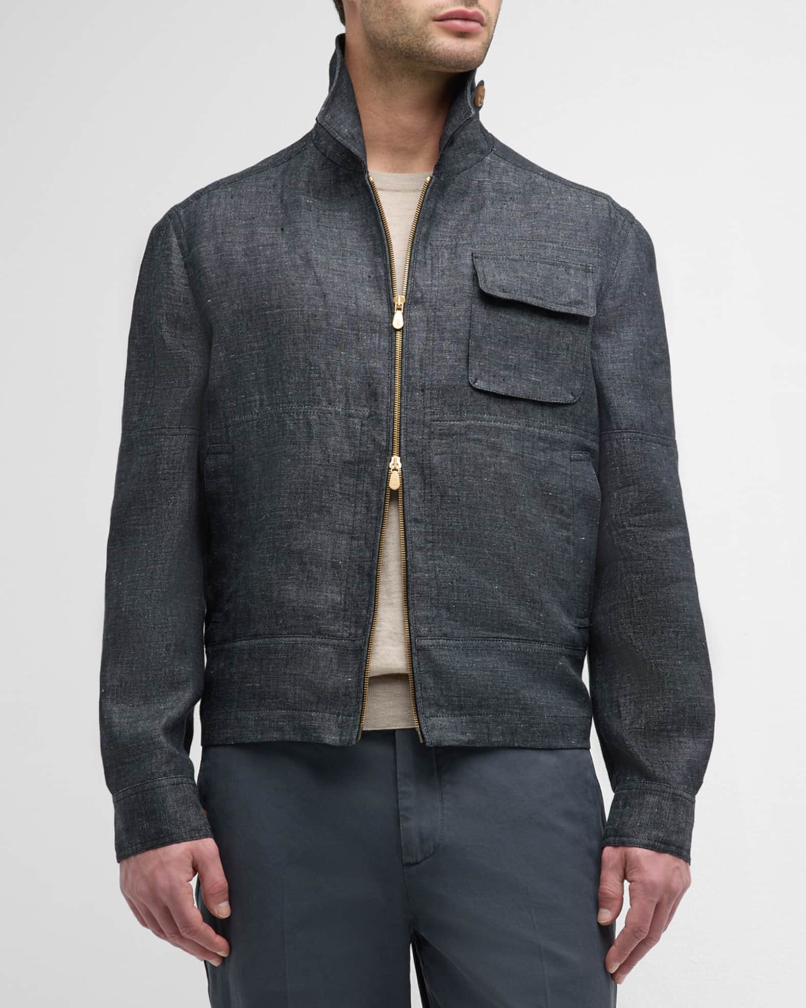 Brunello Cucinelli Men's Linen Full-Zip Bomber Jacket | Neiman Marcus