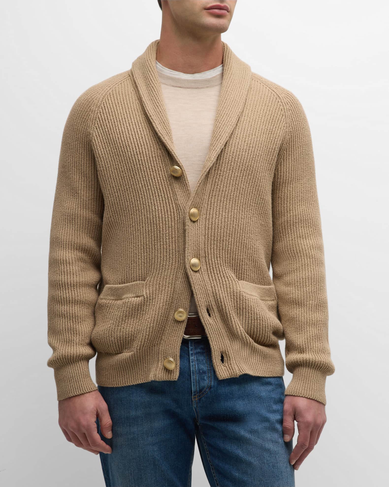 Brunello Cucinelli Men's Cotton Ribbed Shawl Cardigan Sweater