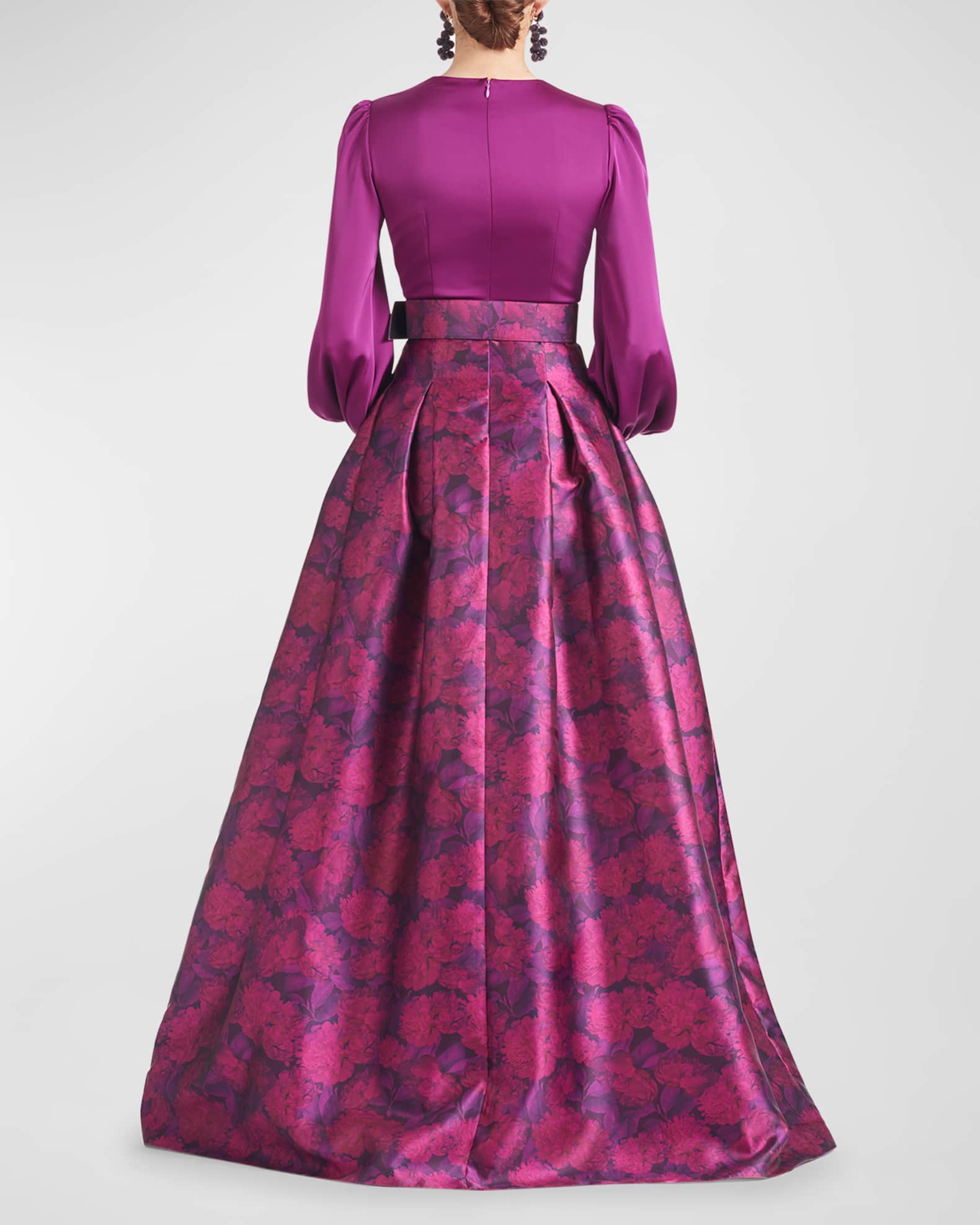 Sachin & Babi Zoe Belted Floral-Print Blouson-Sleeve Gown | Neiman Marcus