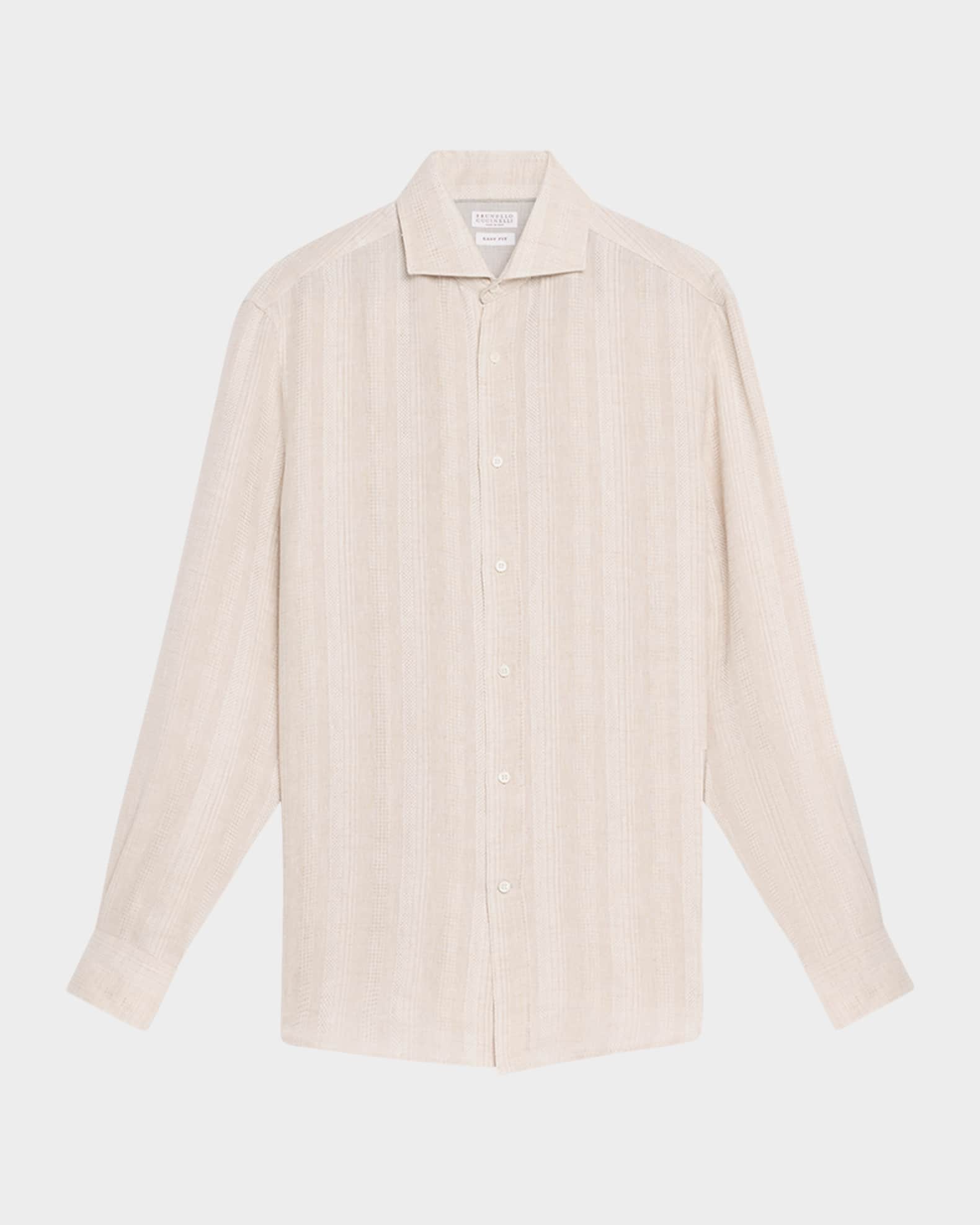 Brunello Cucinelli Men's Linen Stripe Casual Button-Down Shirt