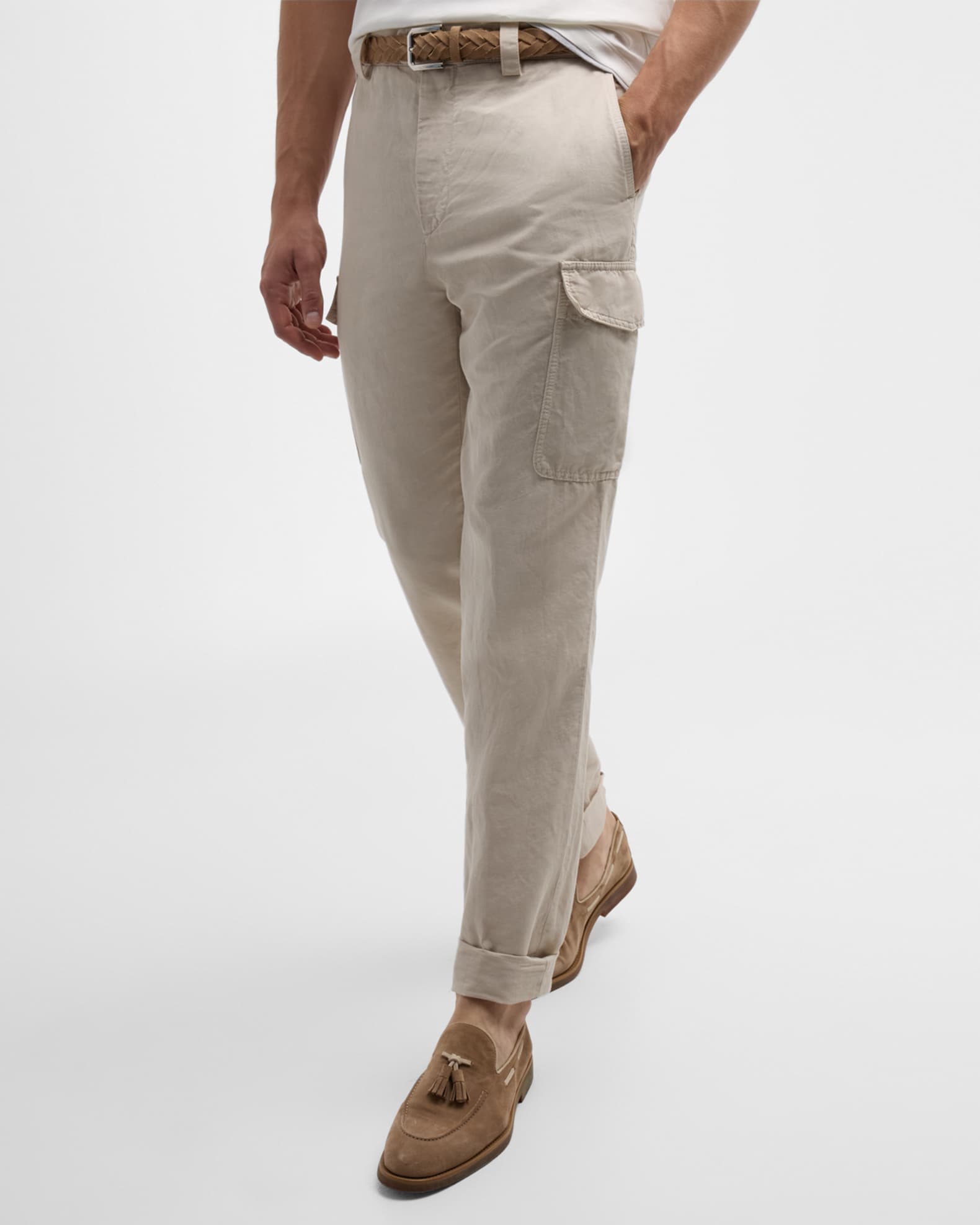 Brunello Cucinelli Men's Dyed Cotton-Linen Cargo Pants | Neiman Marcus