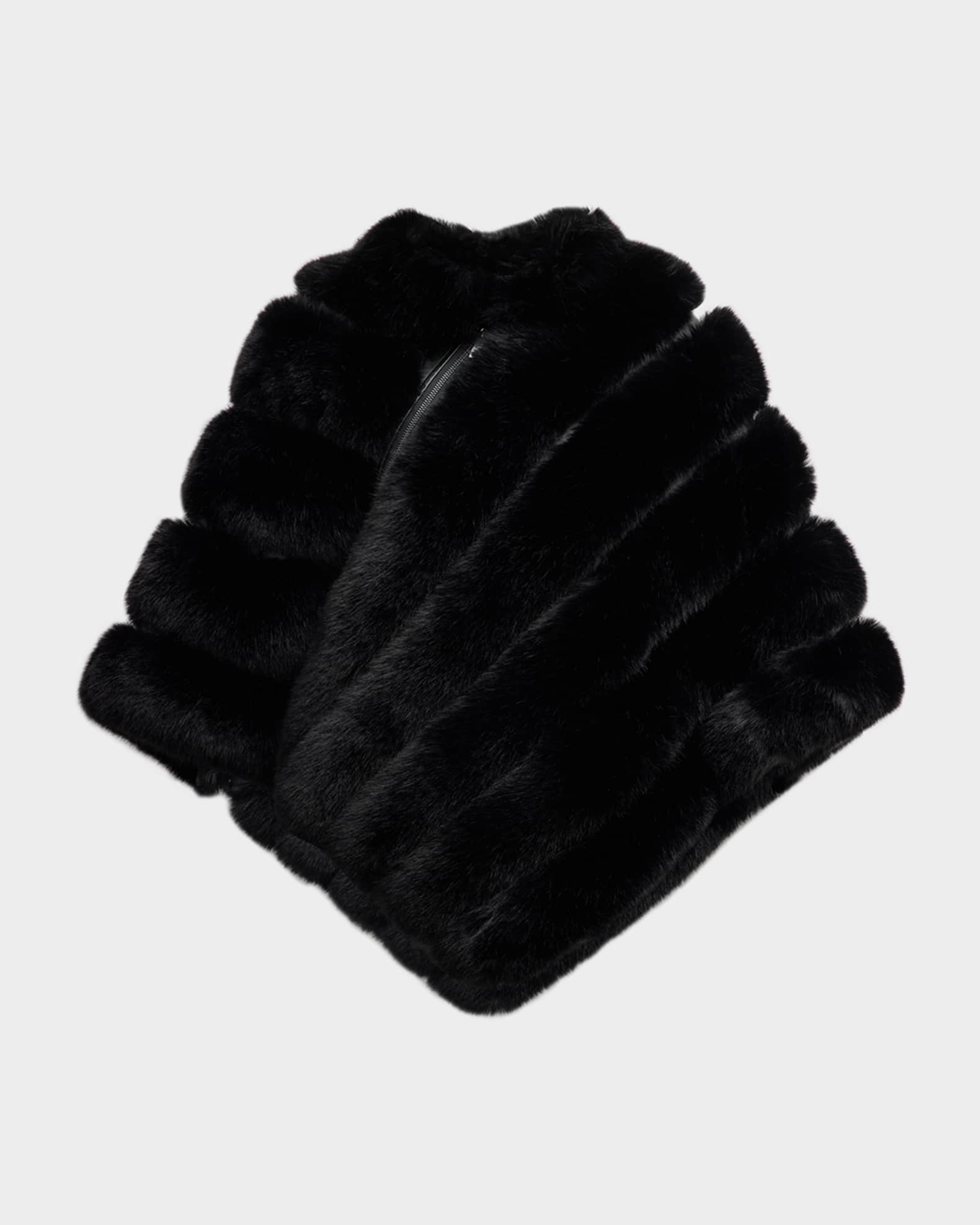 Asymmetric Striped Faux Fur Poncho  0