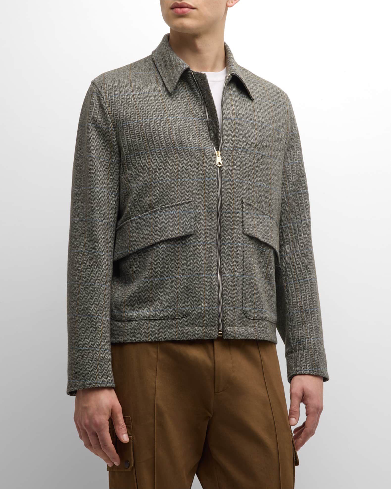 Men's Wool Plaid Blouson Jacket with Pockets 1