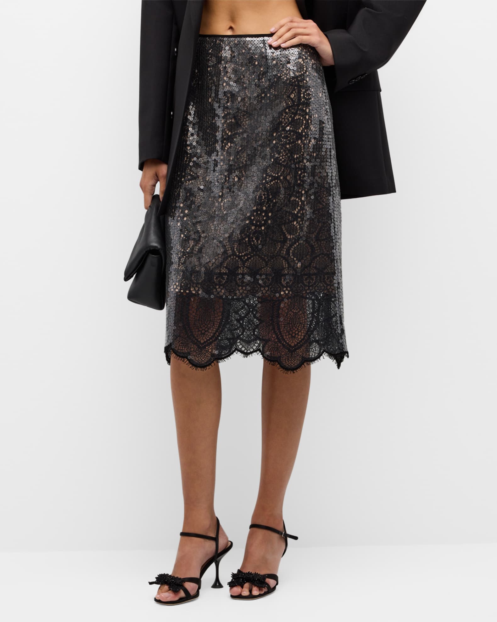 Kobi Halperin Scalloped Sequin Lace Midi Skirt | Neiman Marcus