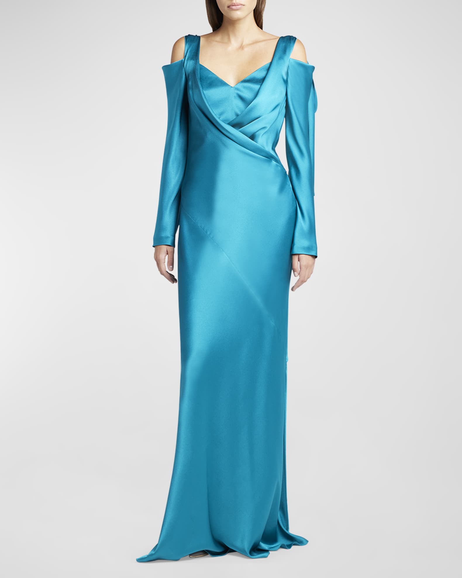 Alberta Ferretti Draped Long-Sleeve Bow Cold-Shoulder Satin Gown | Neiman Marcus