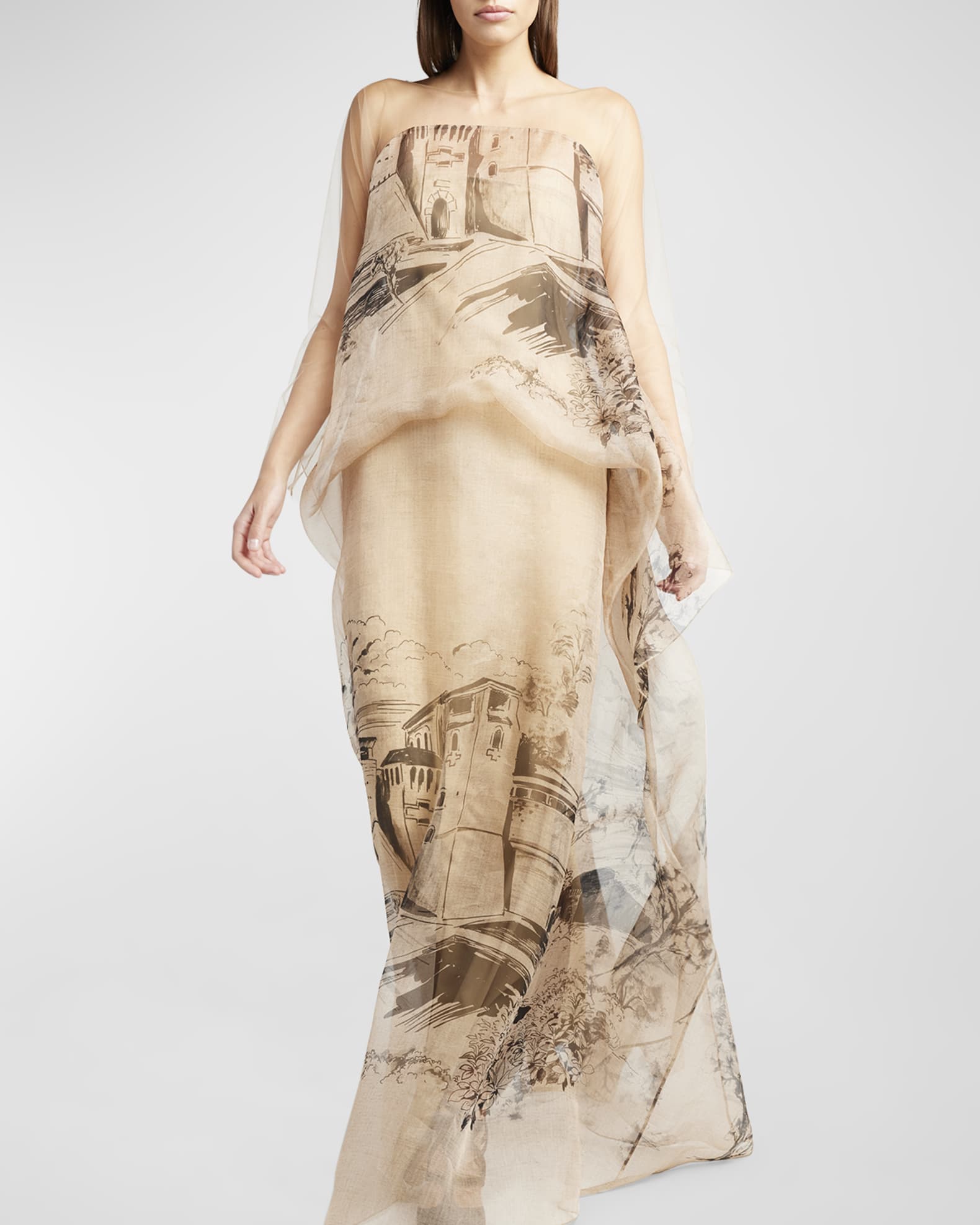 Alberta Ferretti Printed Silk Long-Sleeve Kaftan Illusion Gown | Neiman ...