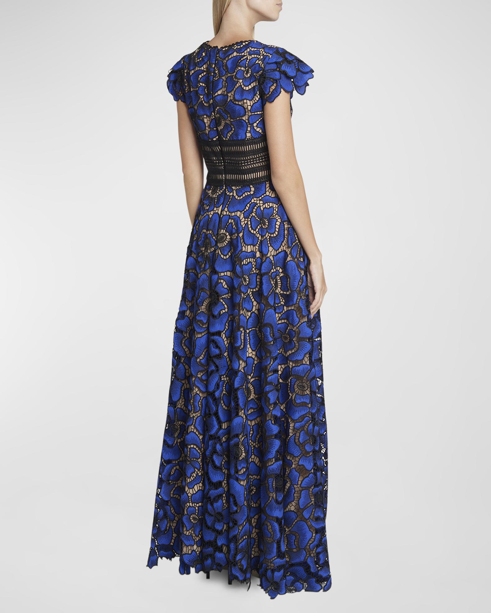 Talbot Runhof V-Neck Cap-Sleeve Cornflower Embroidered Lace Gown ...