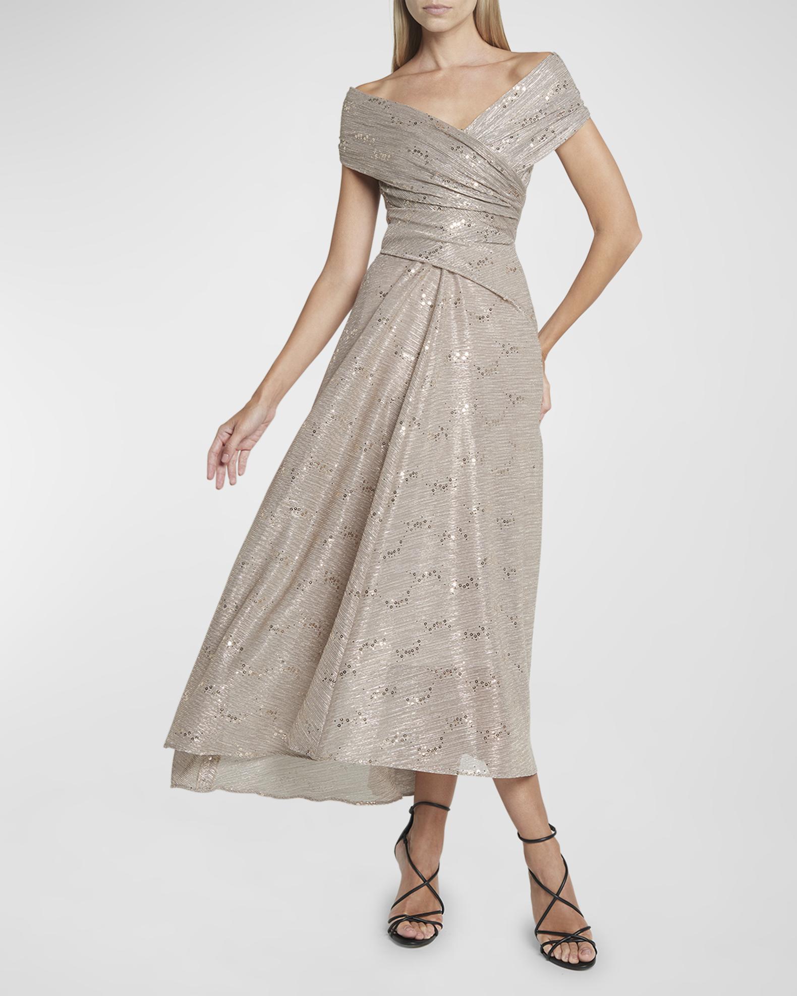 Talbot Runhof Metallic Sequin Voile Off-The-Shoulder Midi Dress ...