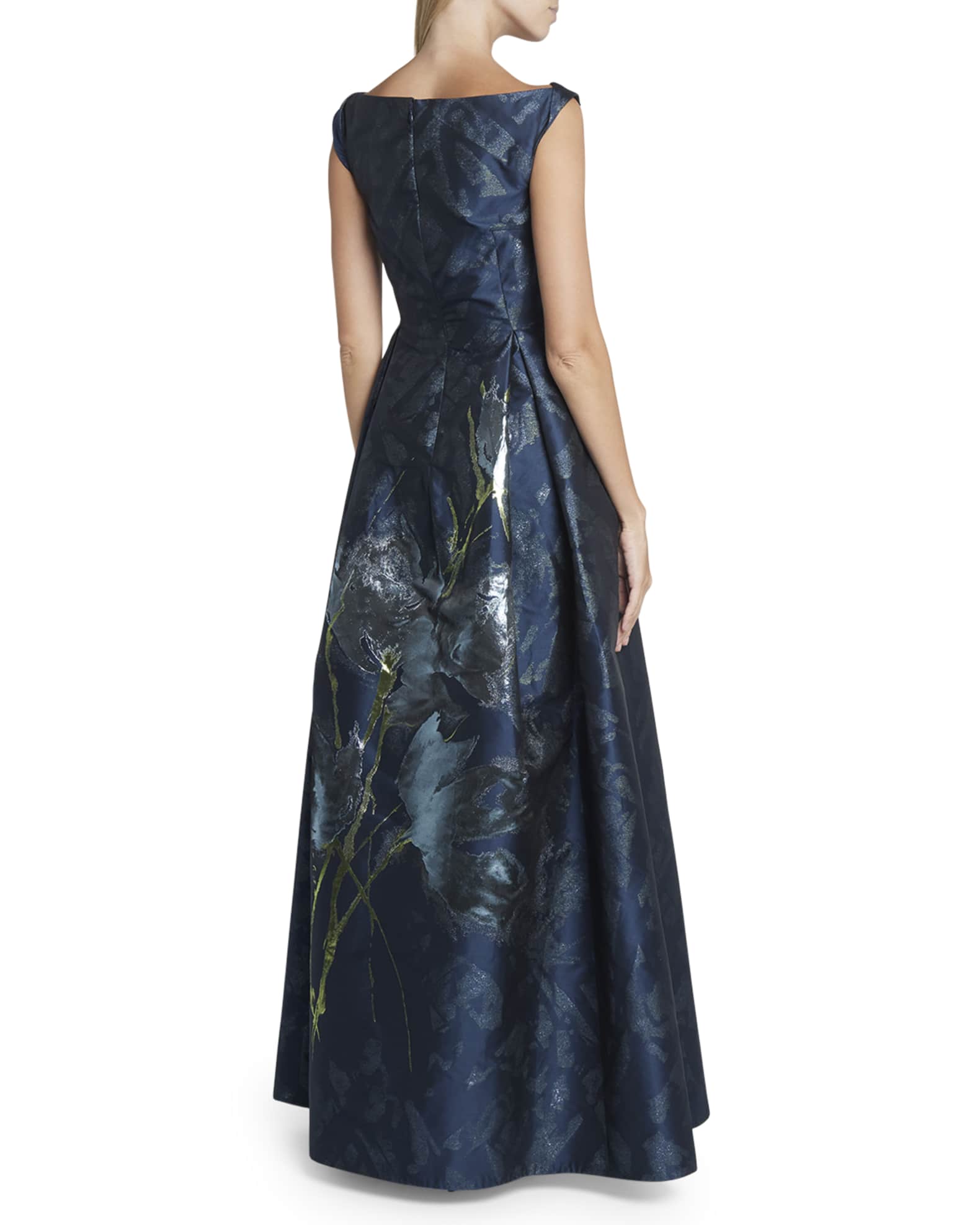 Talbot Runhof Metallic Bouquet Jacquard Sleeveless Pleated Gown ...
