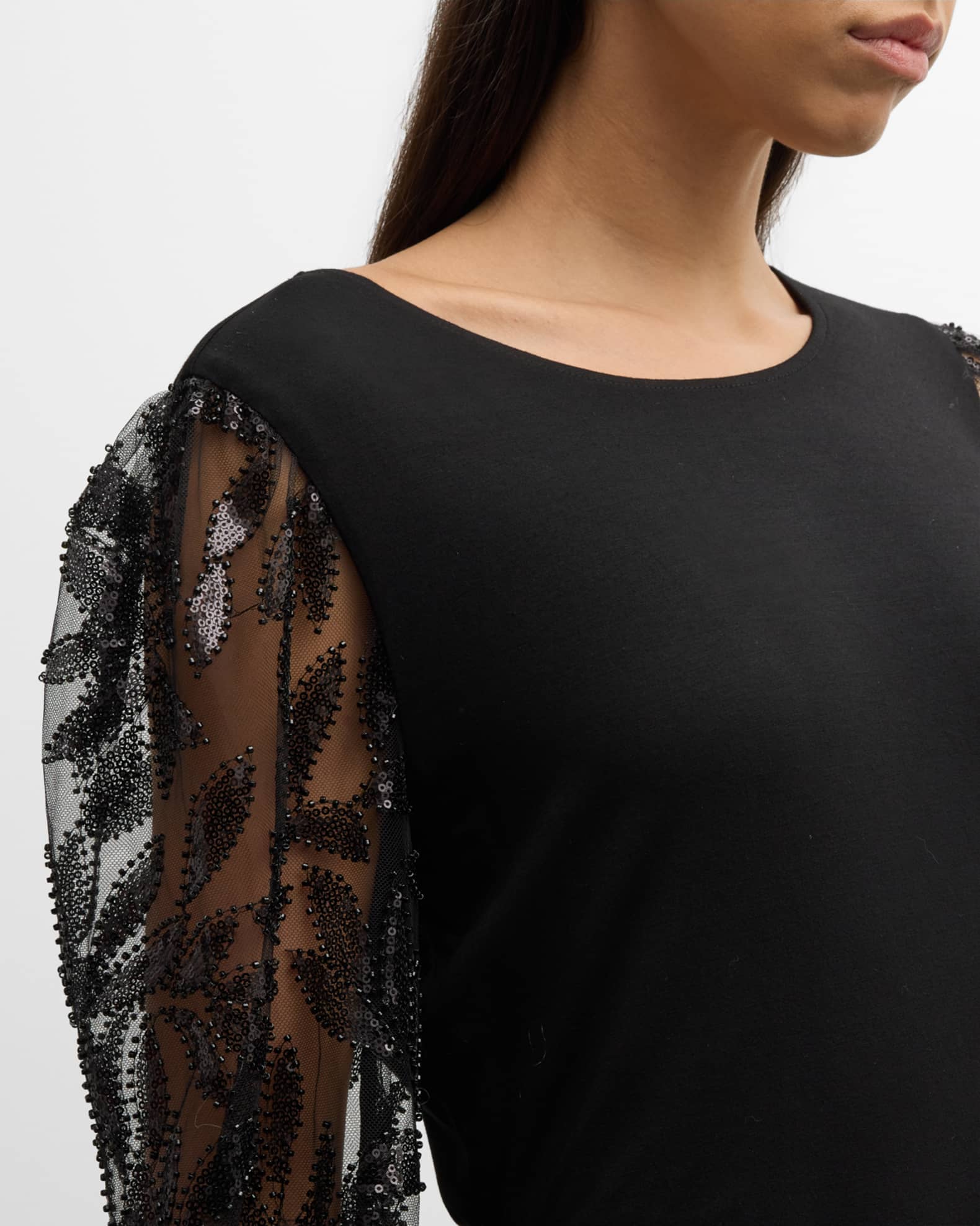 Elie Tahari The Ellen Bead & Sequin Illusion-Sleeve Top | Neiman Marcus
