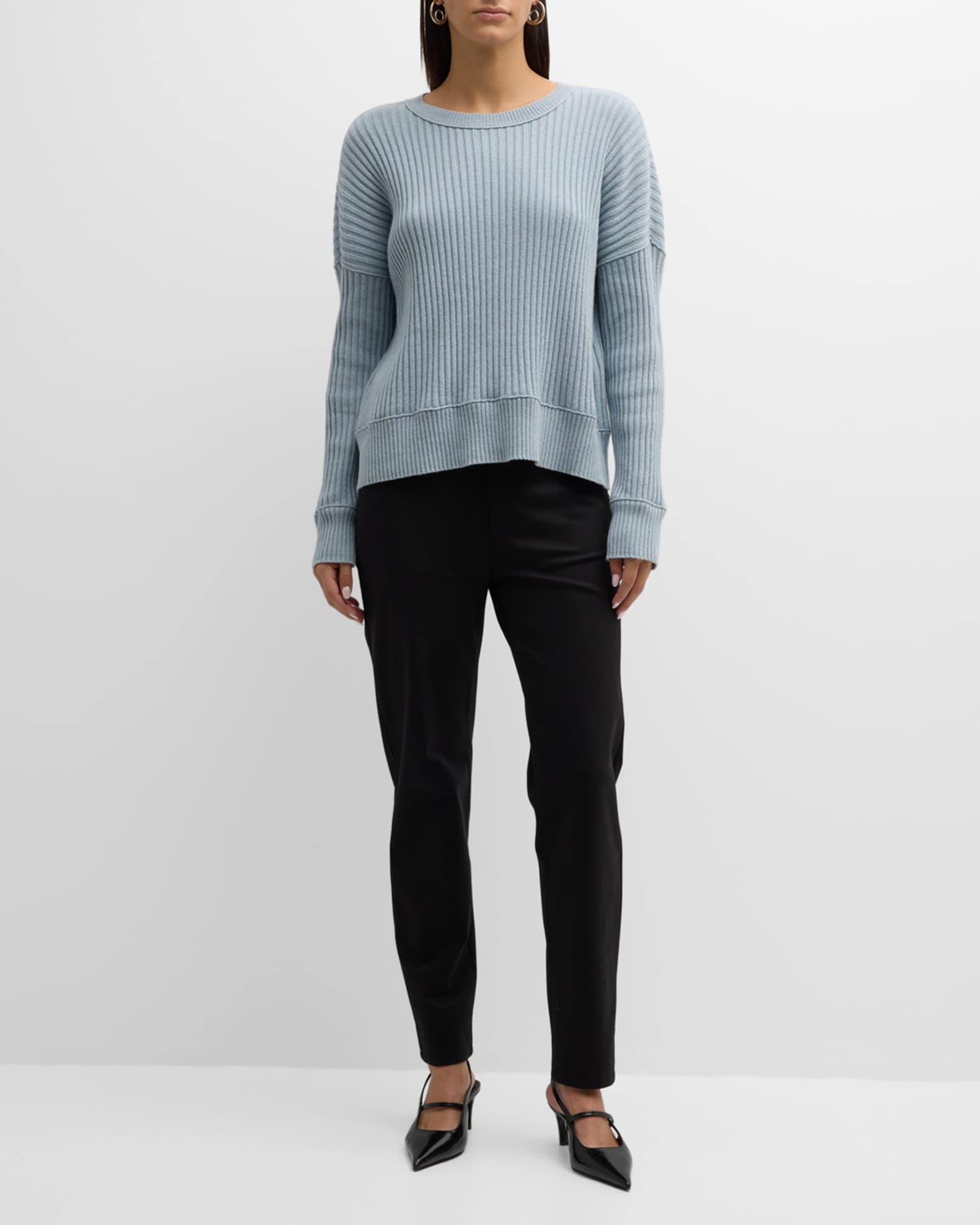 EILEEN FISHER Womens Gray Ribbed Drop Shoulders Striped Long Sleeve Round Neck Sweater