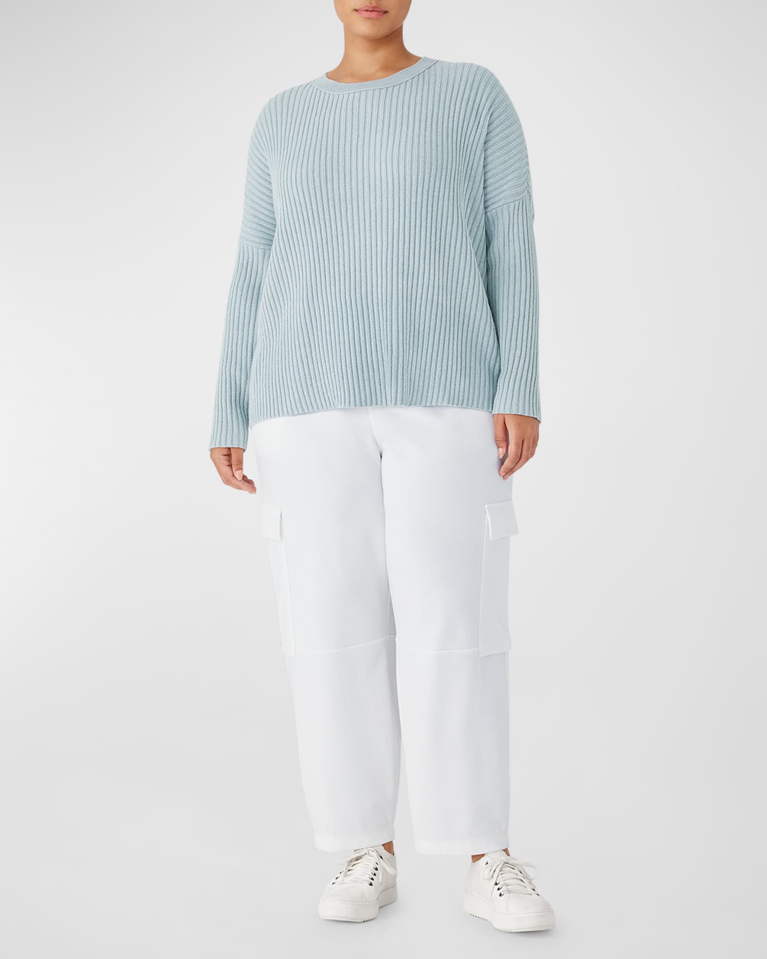 EILEEN FISHER Womens Ivory Ribbed Vented Hem Striped Long Sleeve Jewel Neck Sweater
