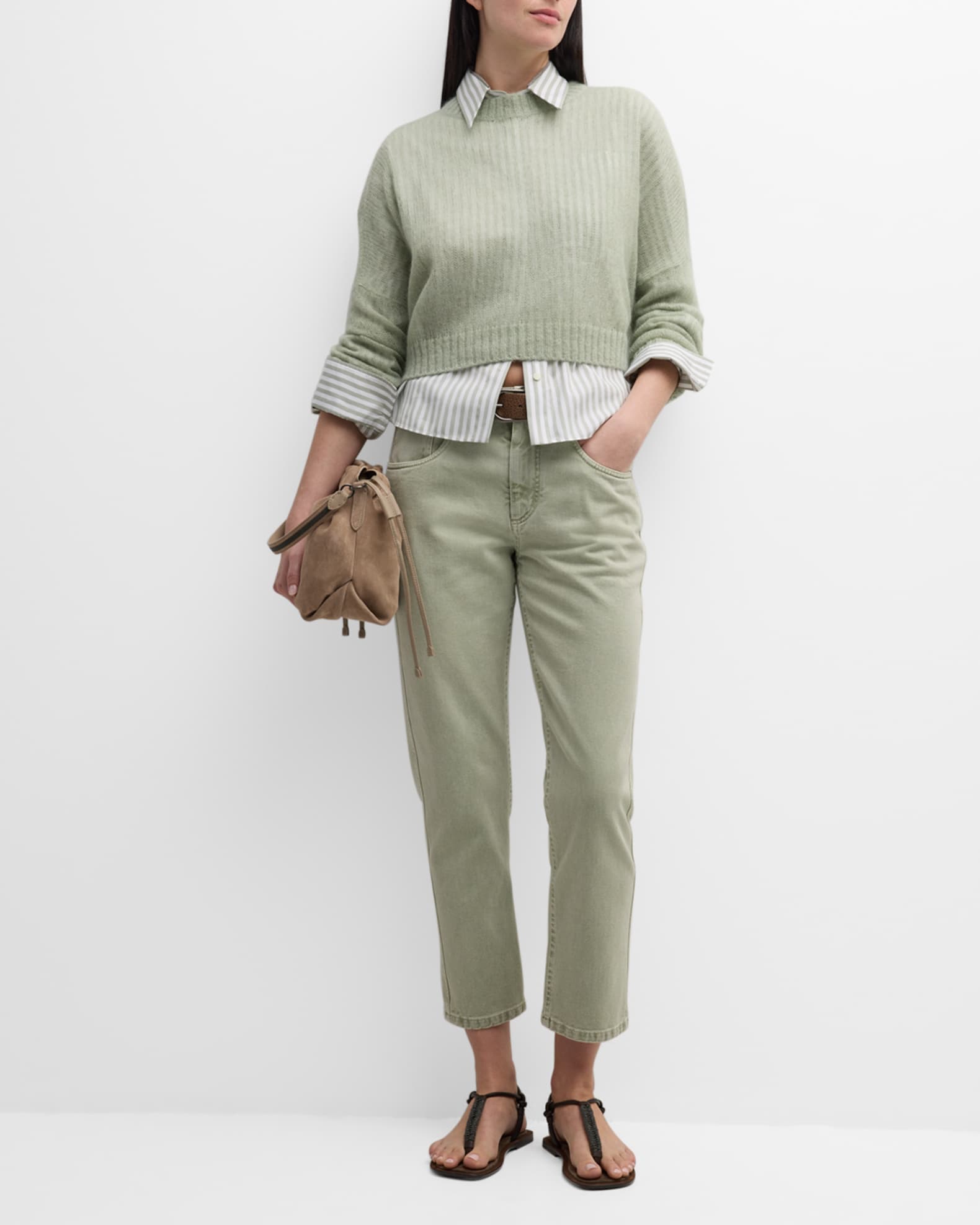 Striped Button-Front Blouse with Monili Trim