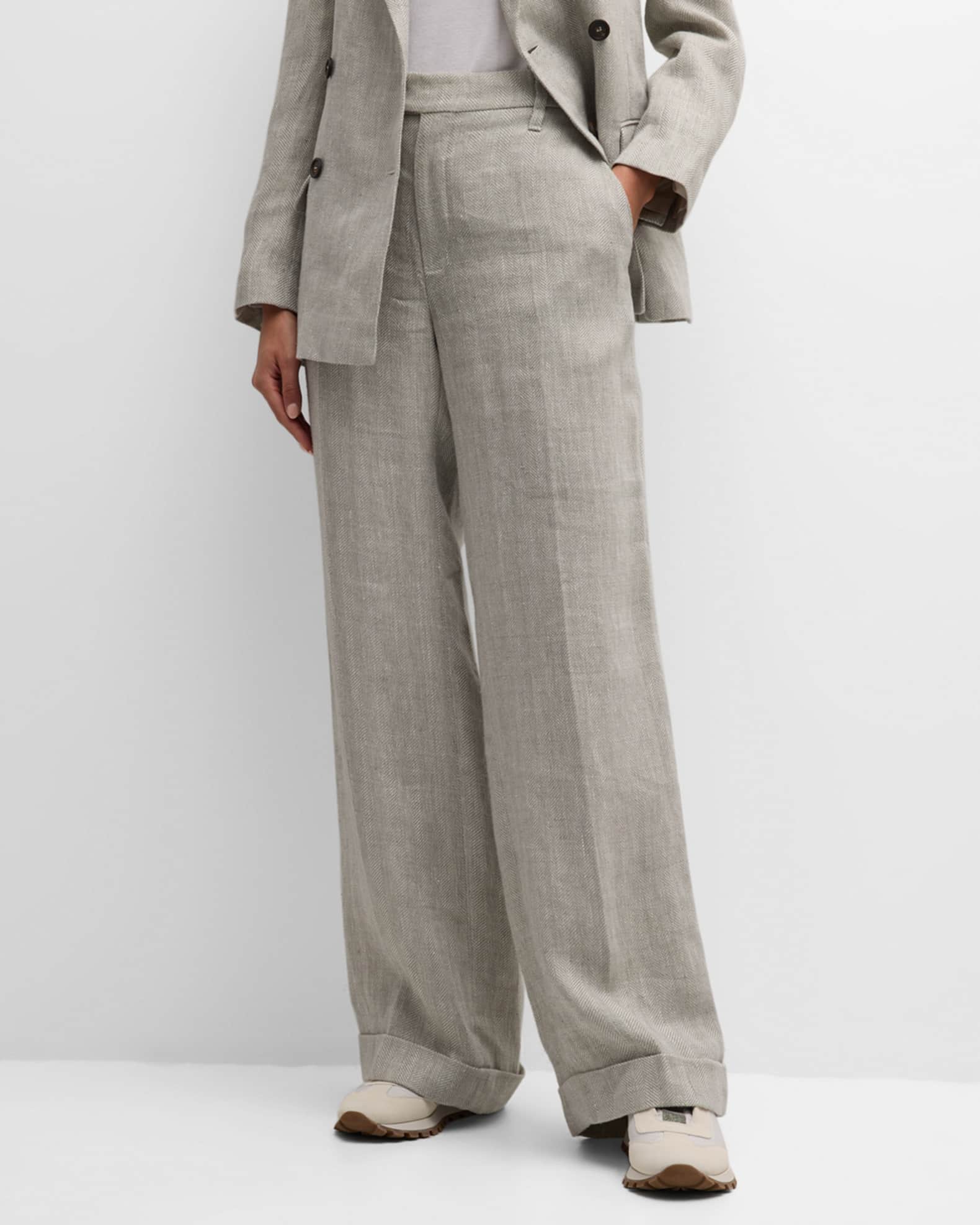 Brunello Cucinelli Mid-Rise Straight-Leg Herringbone Linen Trousers