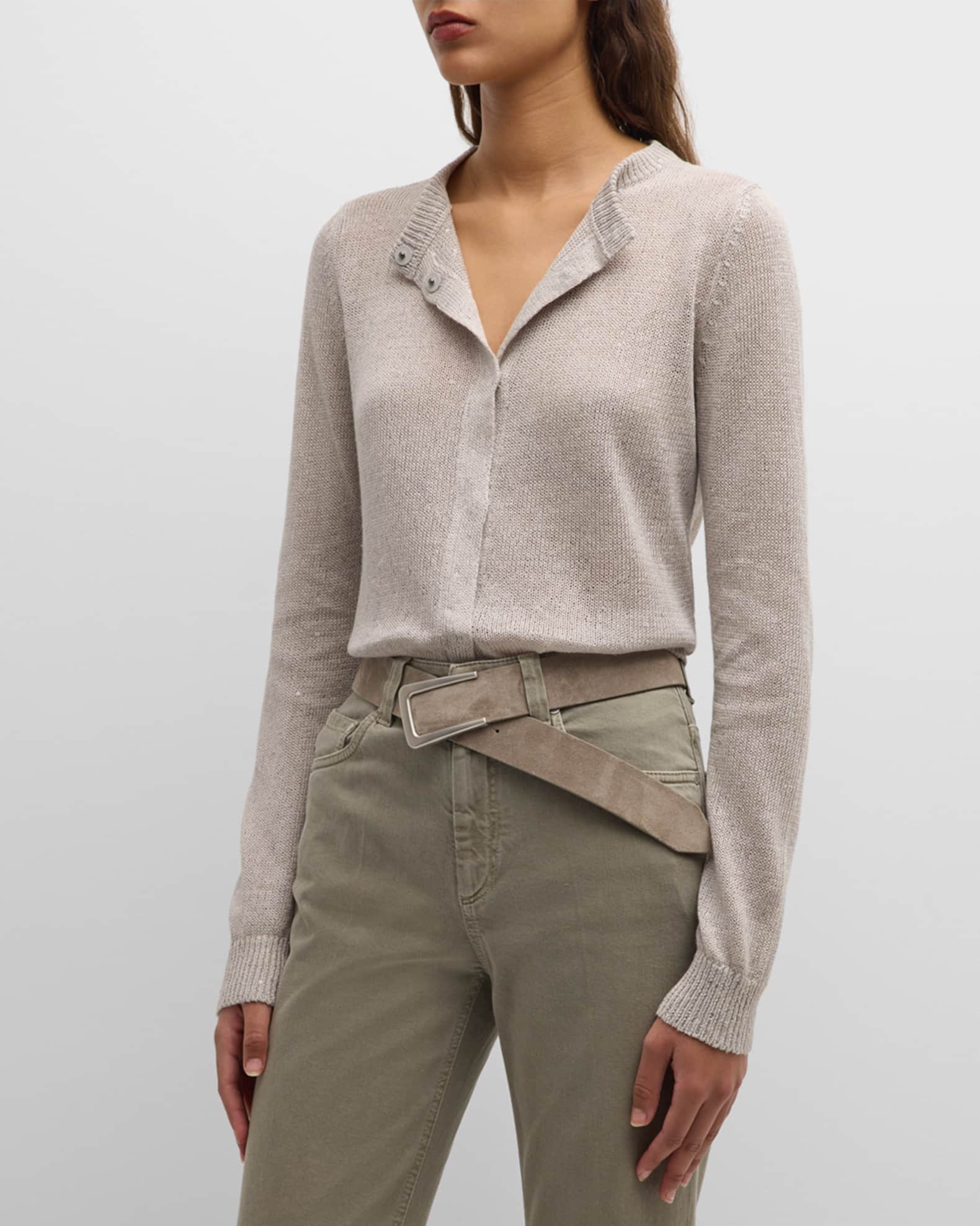 Brunello Cucinelli Silk Linen Cropped Cardigan with Paillette Detail