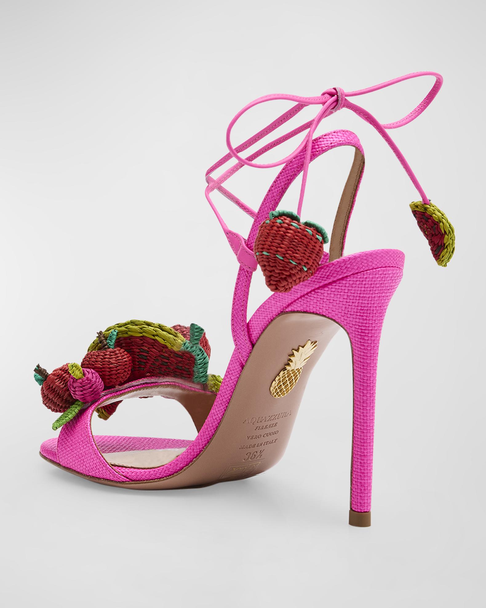Aquazzura Strawberry Punch Raffia Ankle-Tie Sandals | Neiman Marcus