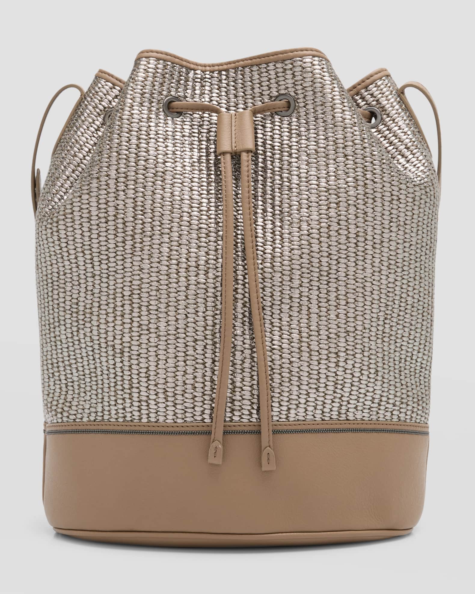 Brunello Cucinelli Drawstring Metallic Raffia Bucket Bag
