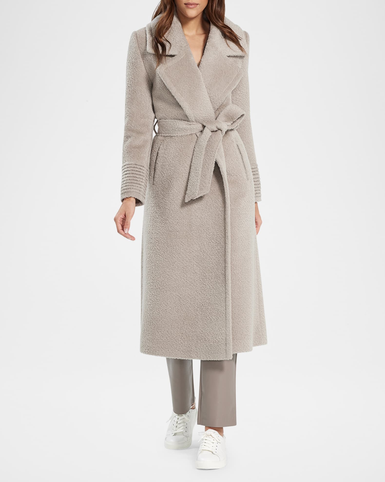 SENTALER Boucle Alpaca Long Notched Collar Wrap Coat in Sand Size S