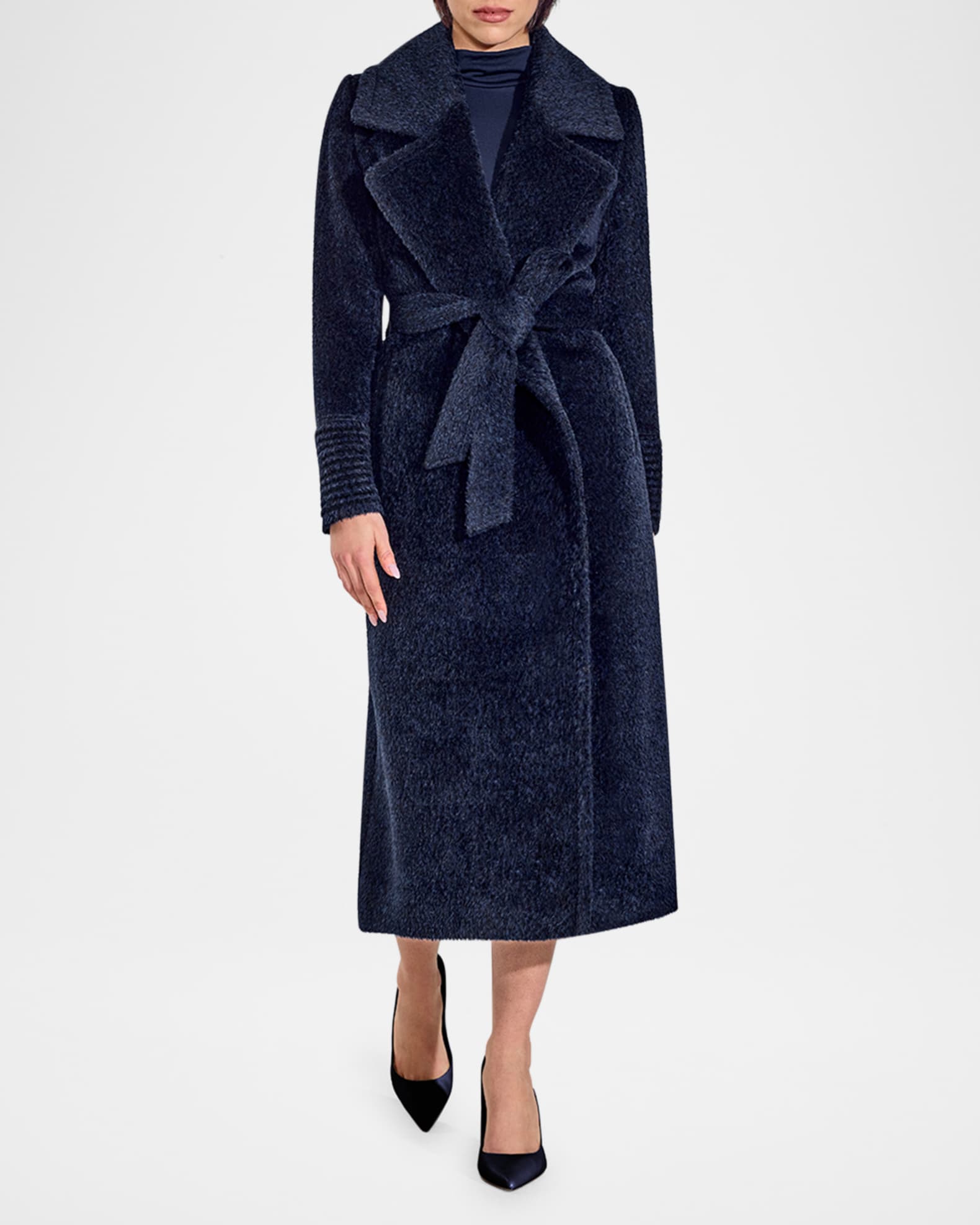 SENTALER Boucle Alpaca Long Notched Collar Wrap Coat Midnight Blue
