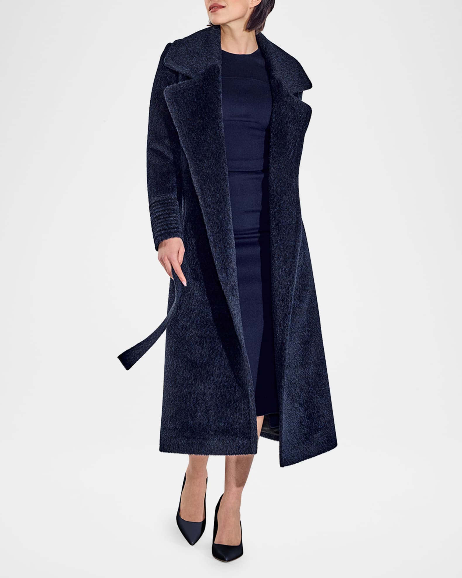 Boucle Alpaca Long Notched-Collar Wrap Coat
