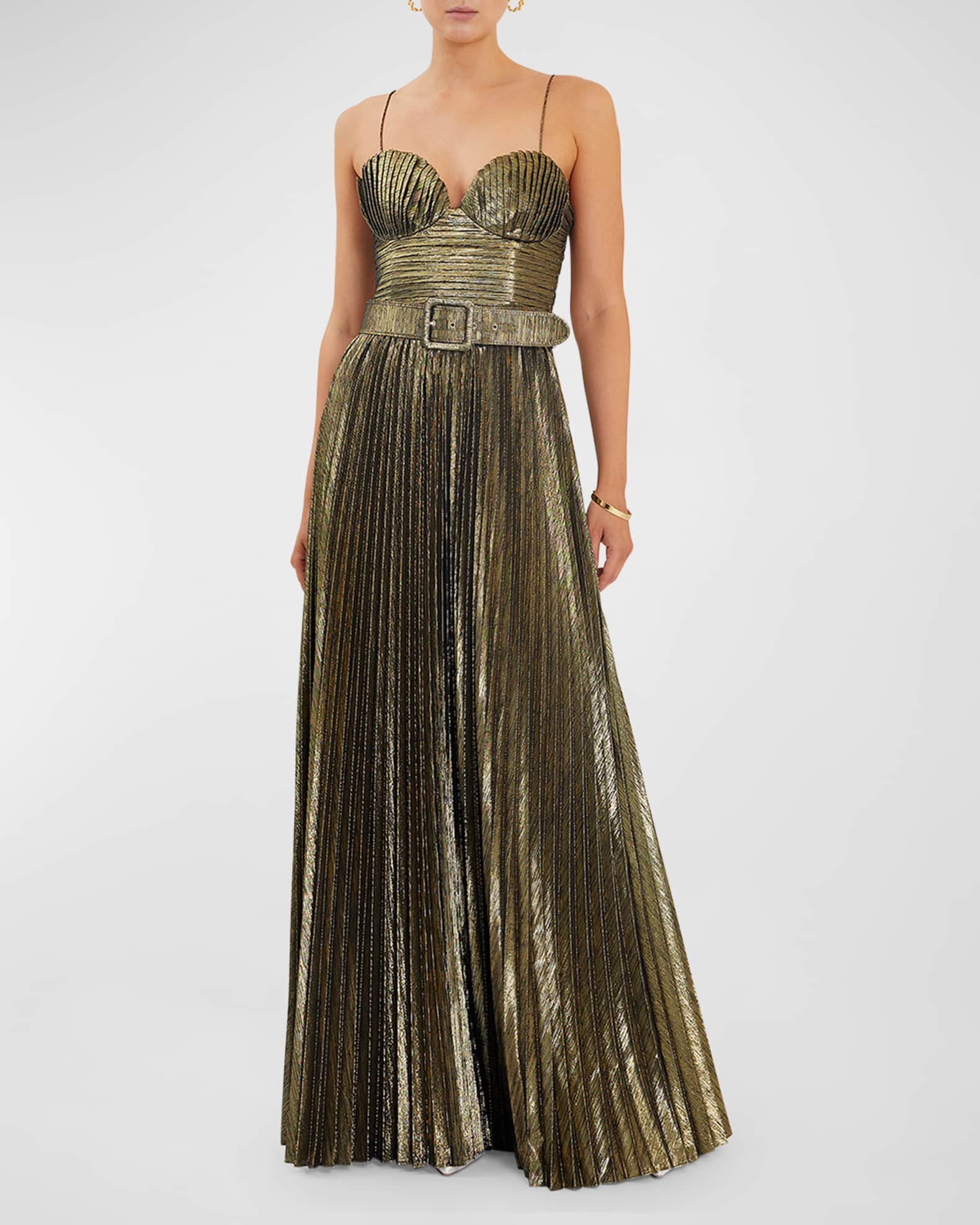 REBECCA VALLANCE Josie Pleated Cutout Metallic Shimmer Gown | Neiman Marcus