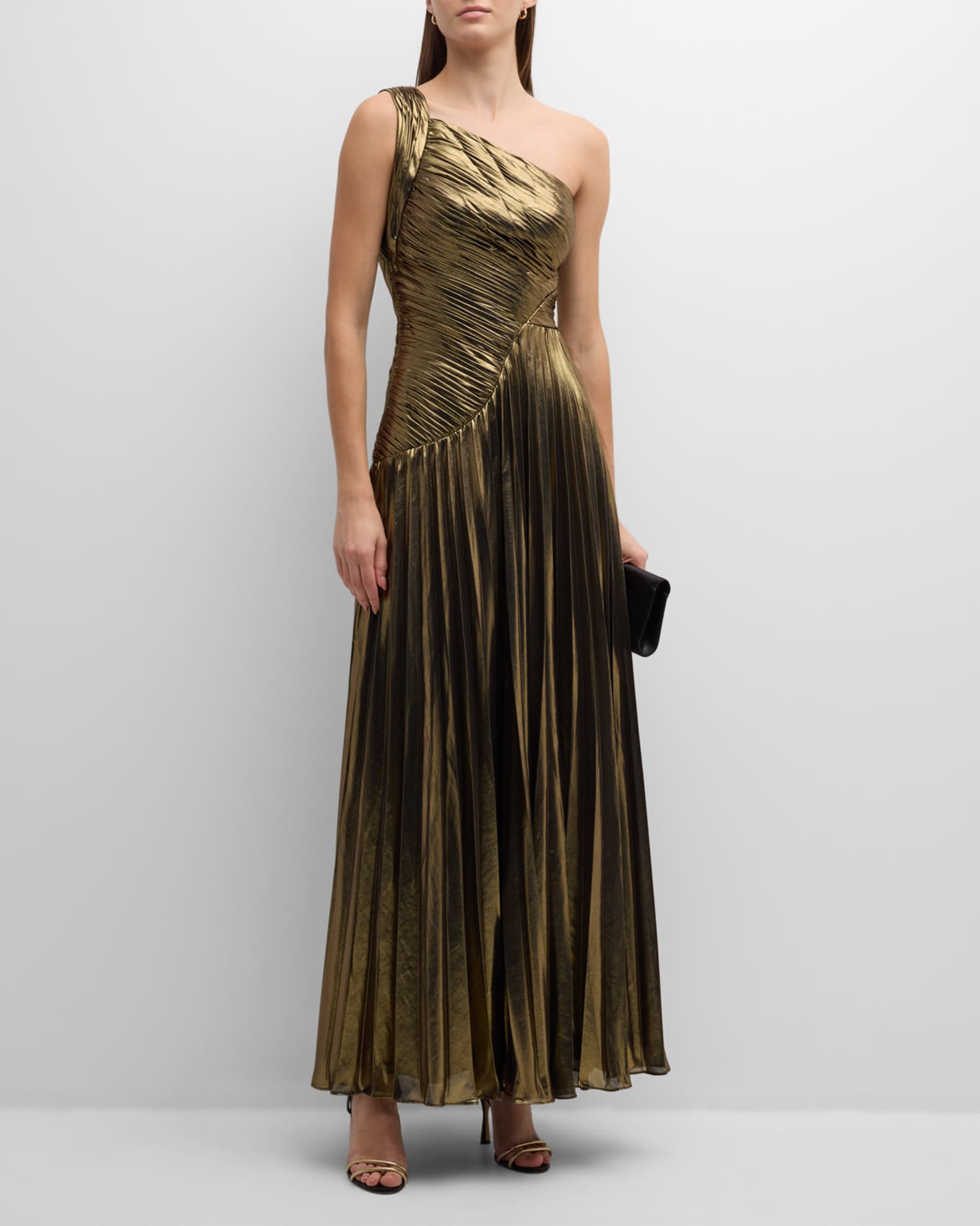 Zac Posen Pleated One-Shoulder Metallic Gown | Neiman Marcus