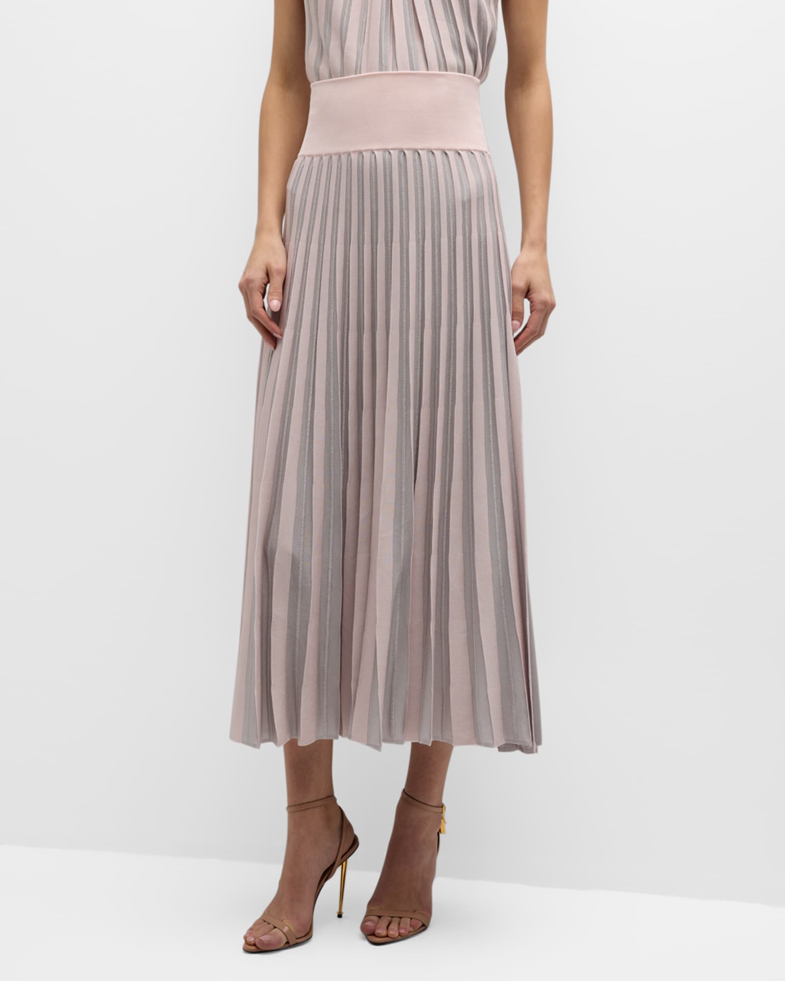 Pleated Striped Side-Slit Midi Skirt 0