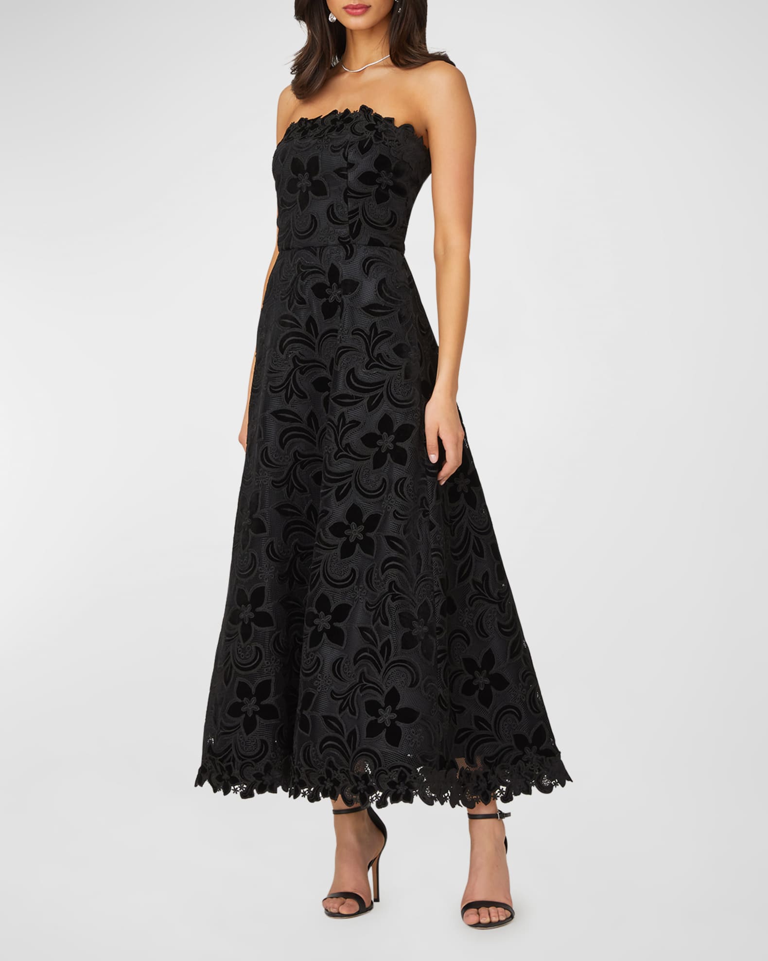 Shoshanna Strapless Floral Velvet Lace Gown