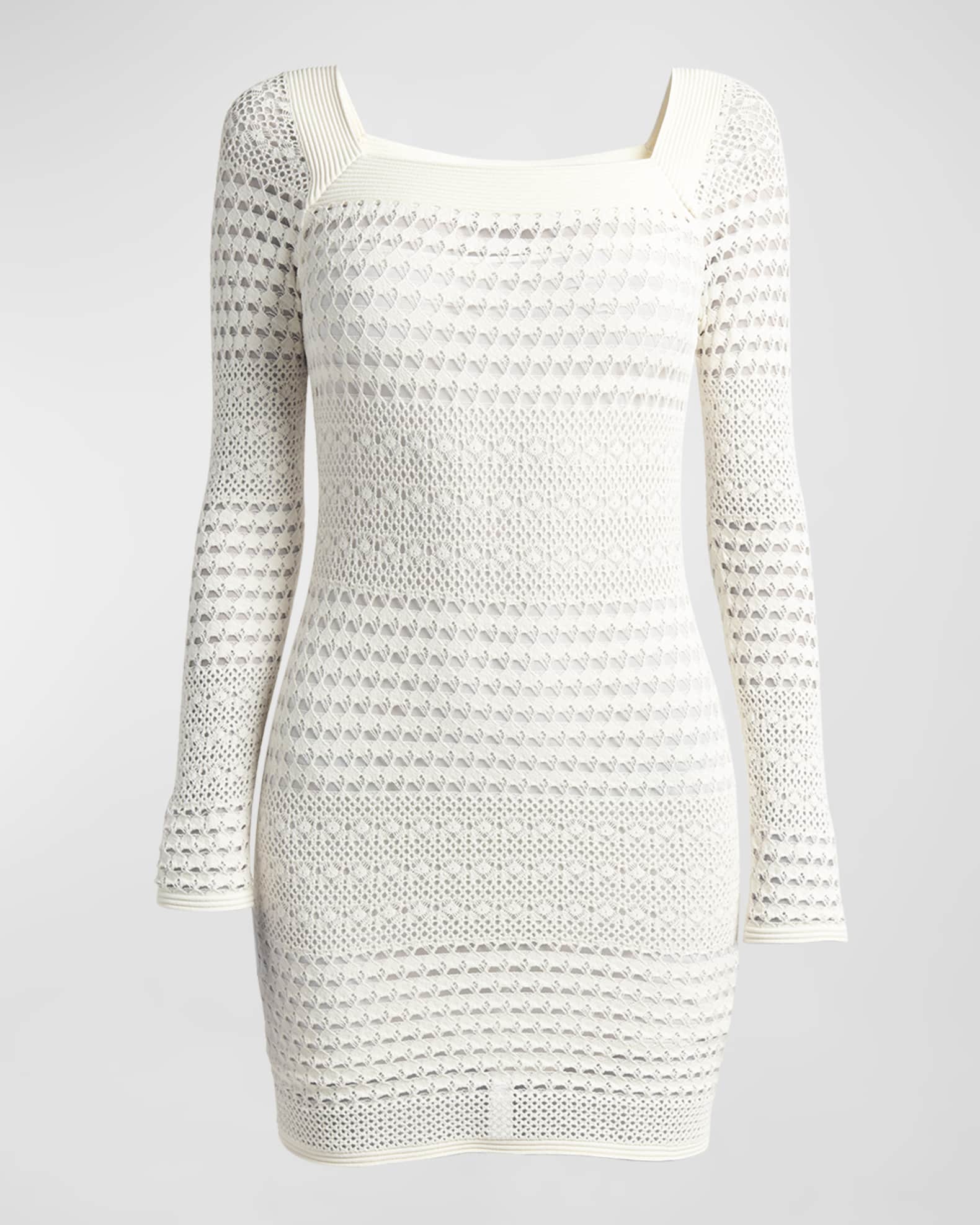 Square Neck Openwork Knit Mini Dress With Detachable Slip