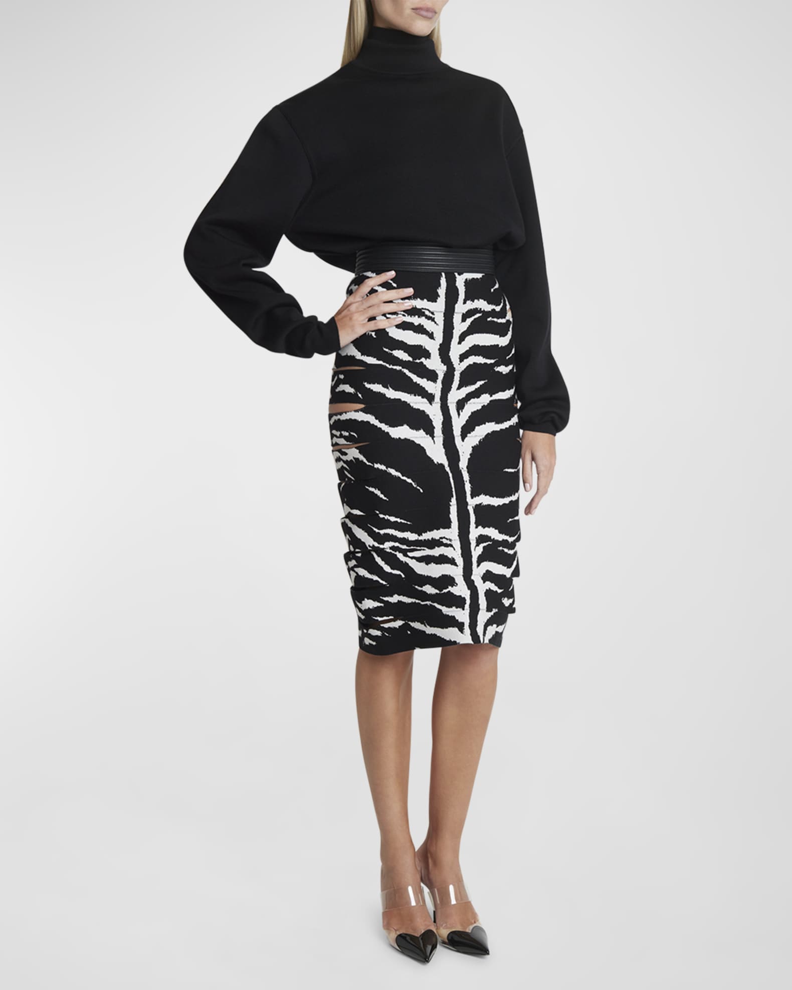 ALAIA Zebra-Print Pencil Skirt with Cutout Detail | Neiman Marcus