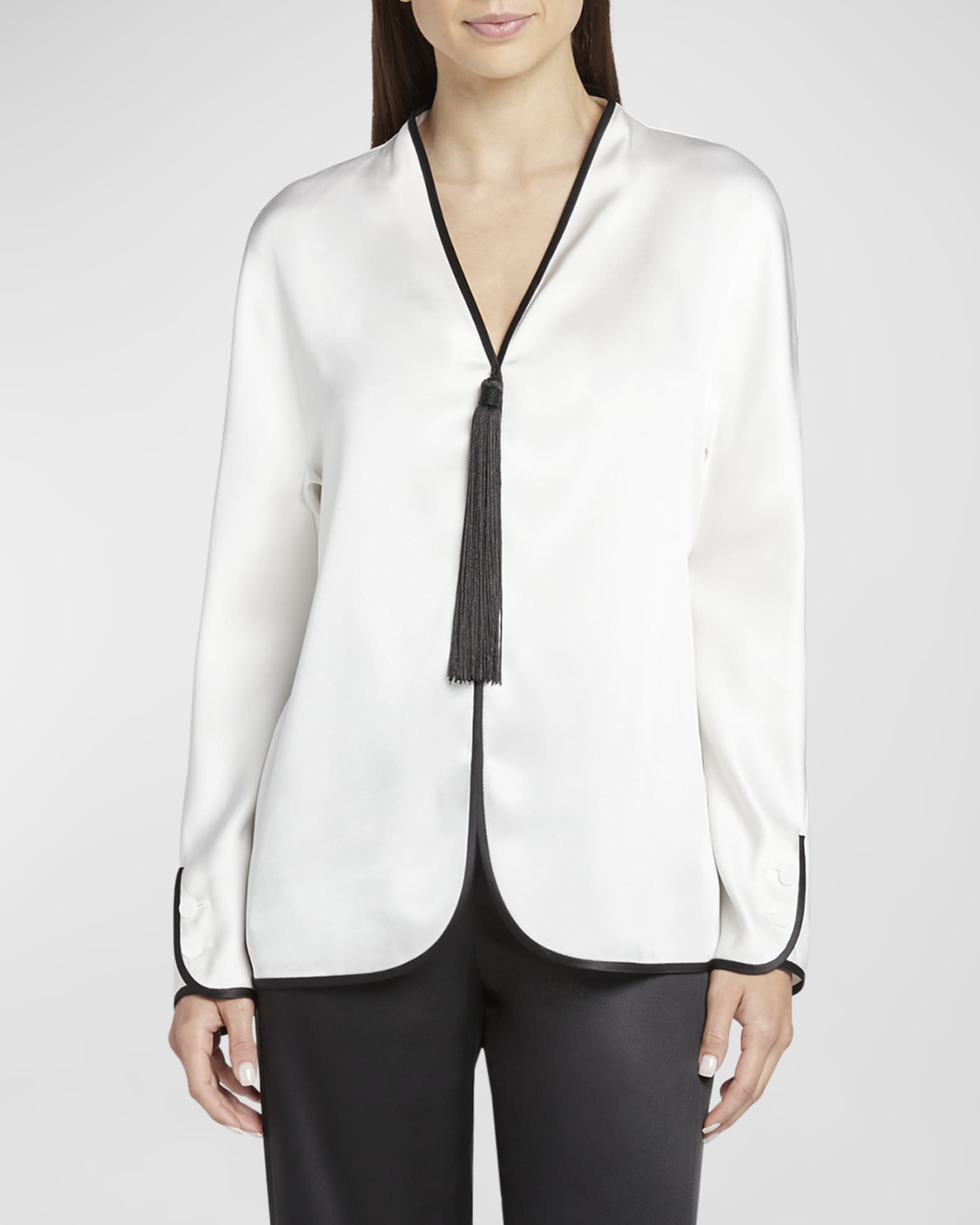 Tassel Silk Blouse with Contrast Tipping 1
