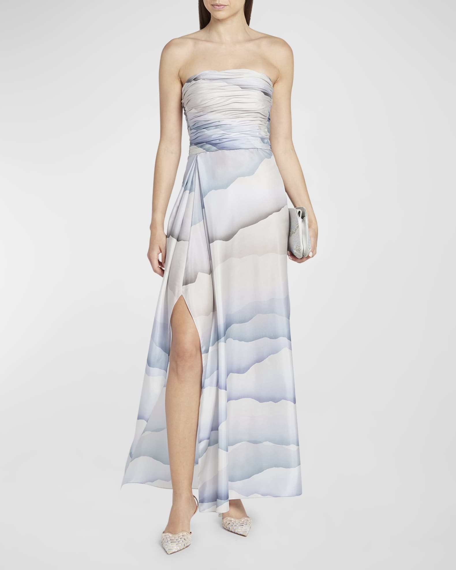 Printed Strapless Ruched Silk Dress 1