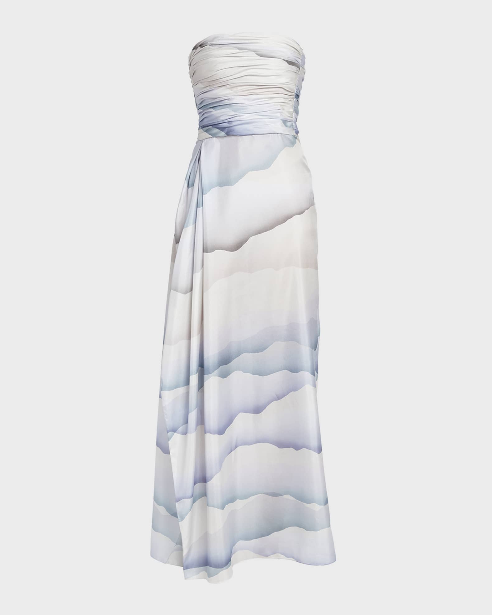 Printed Strapless Ruched Silk Dress 0