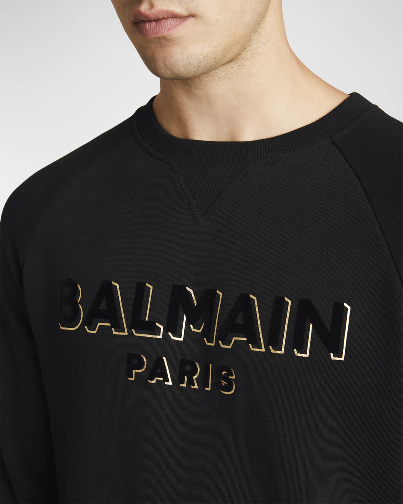 Balmain Men's Flocked Foil Logo Sweatshirt | Neiman Marcus