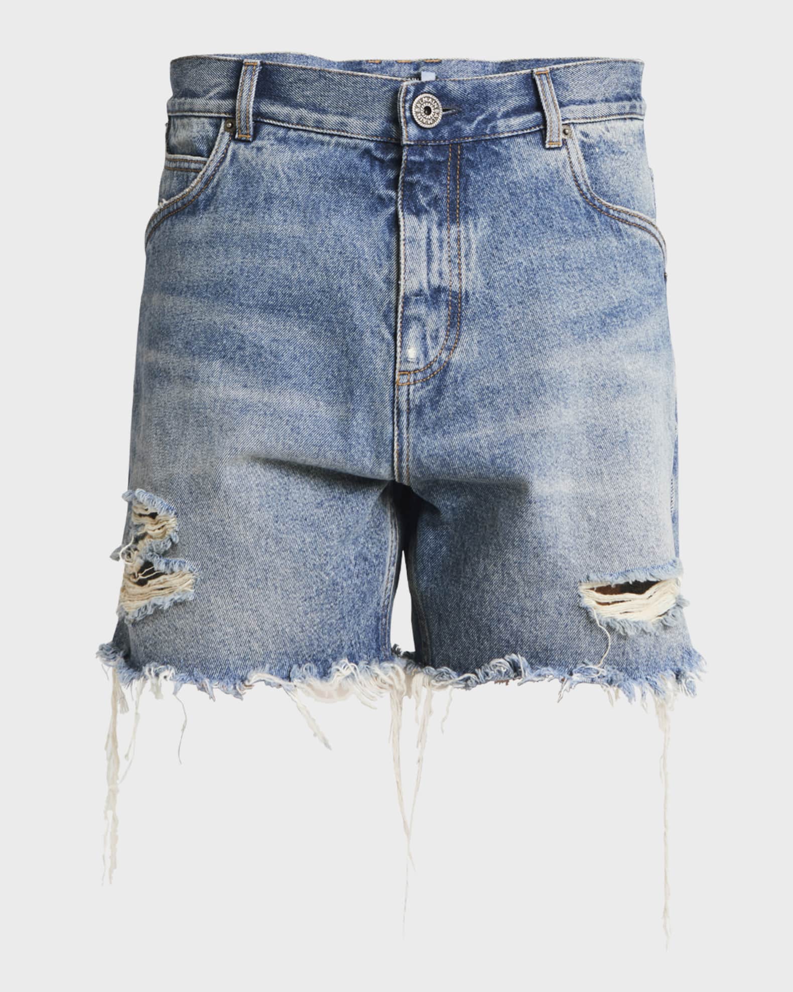 Balmain Men's Destroyed Denim Shorts Neiman Marcus