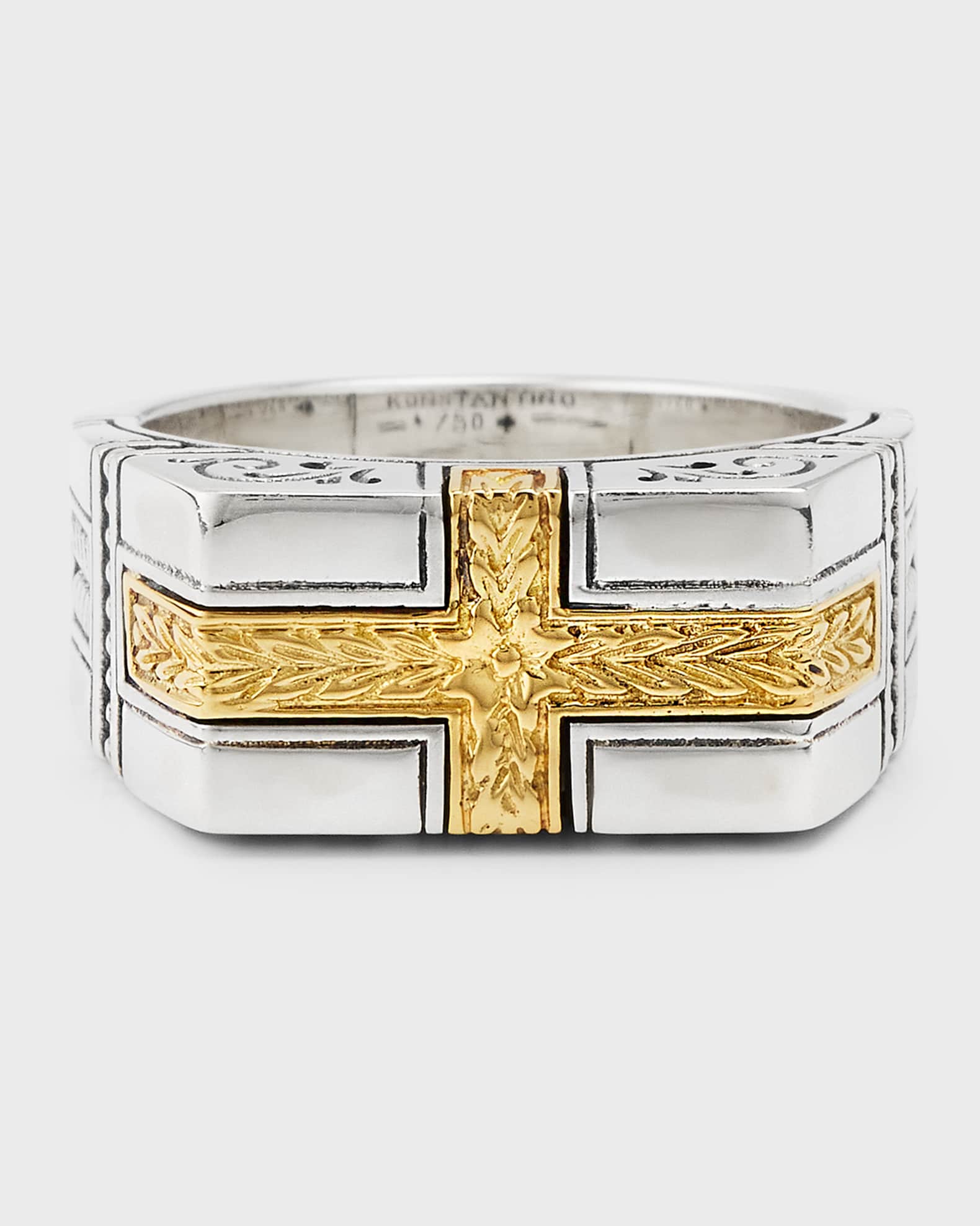 Men's Sterling Silver and 18K Yellow Gold Laurel Cross Ring 0