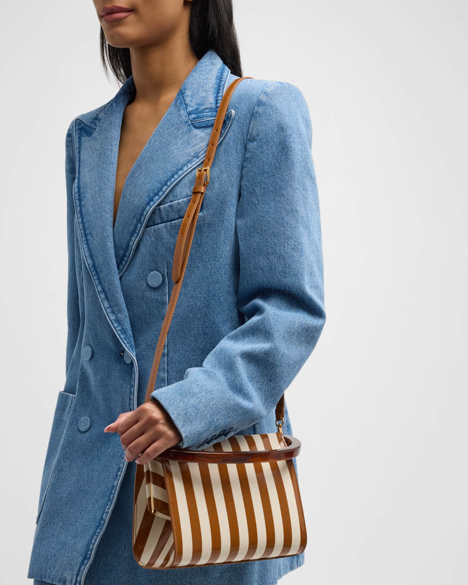 Crisp Striped Leather Top-Handle Bag