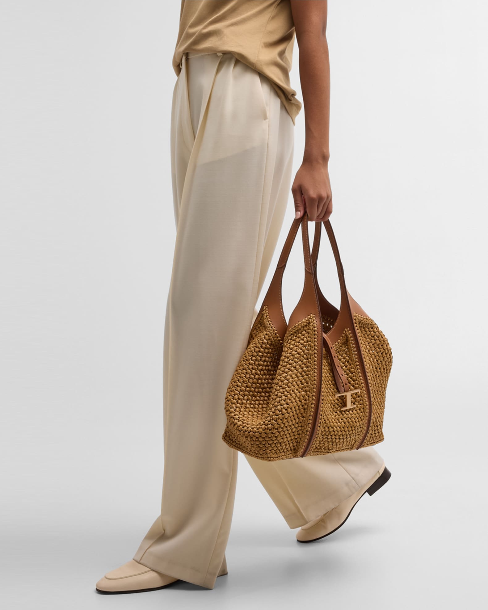 Medium Raffia T Timeless Tote Shopping Bag | Neiman Marcus