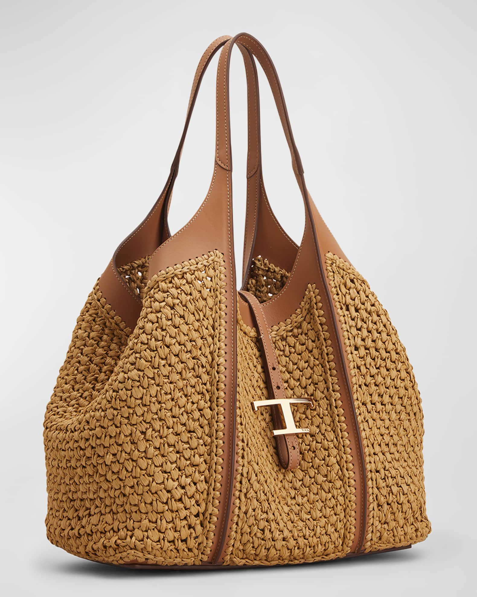 Medium Raffia T Timeless Tote Shopping Bag | Neiman Marcus