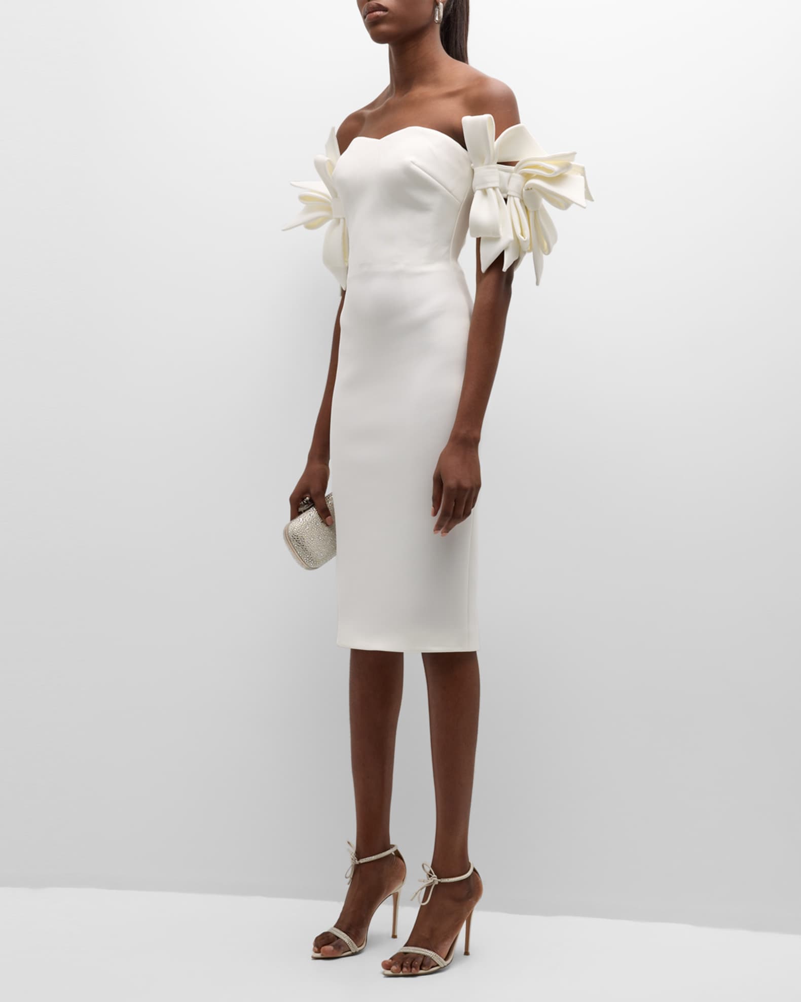 Jovani Off Shoulder Bow Embellished Midi Dress Neiman Marcus