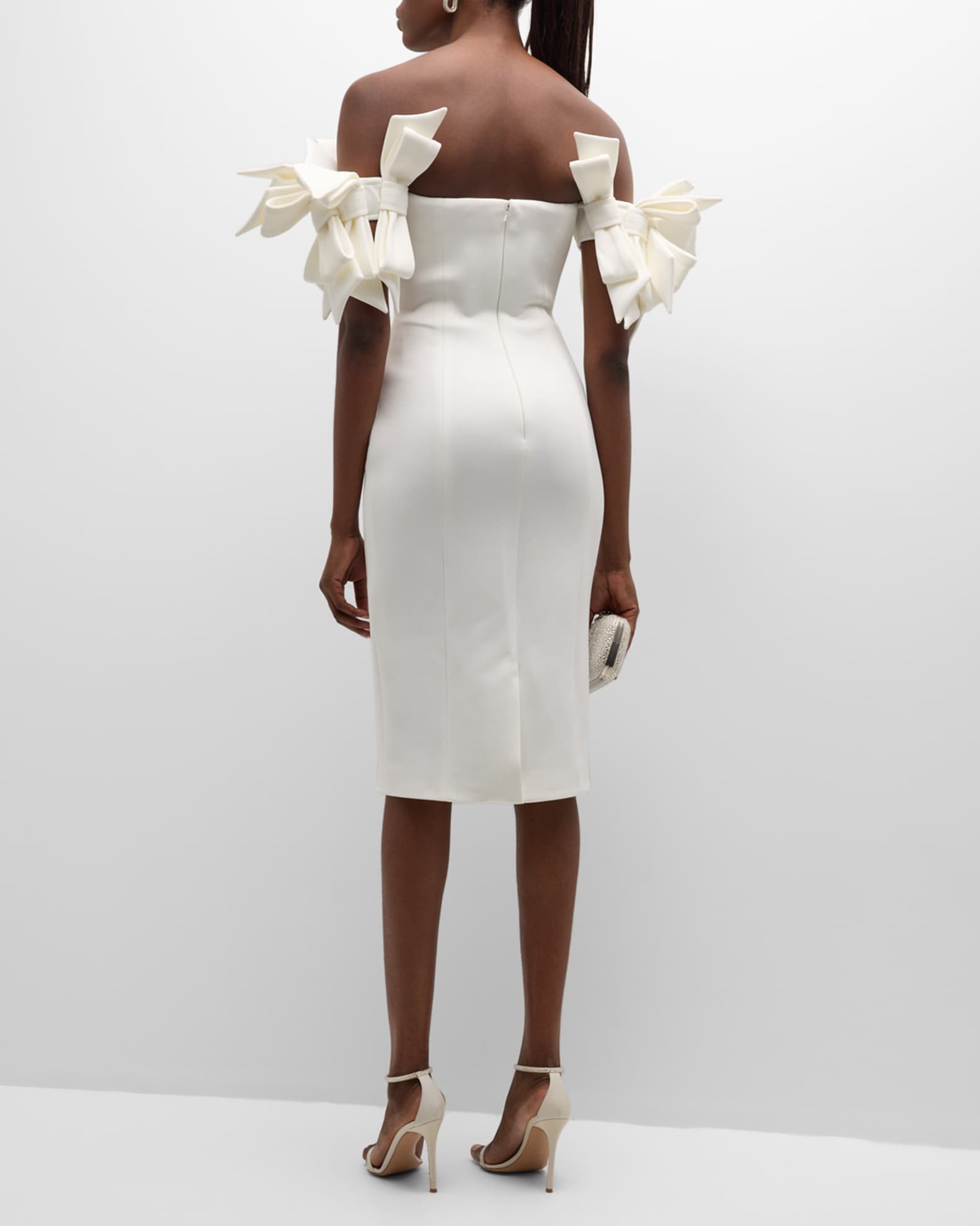 Jovani Off-Shoulder Bow-Embellished Midi Dress | Neiman Marcus