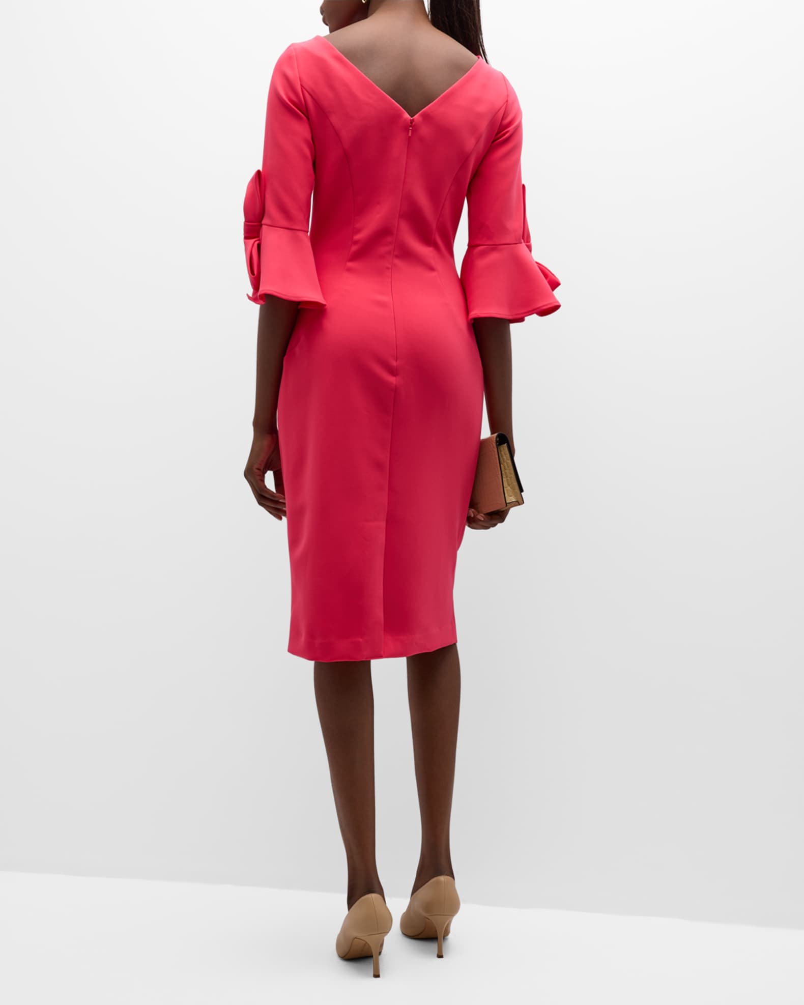 Jovani Pleated Bell-Sleeve Bow-Embellished Midi Dress | Neiman Marcus