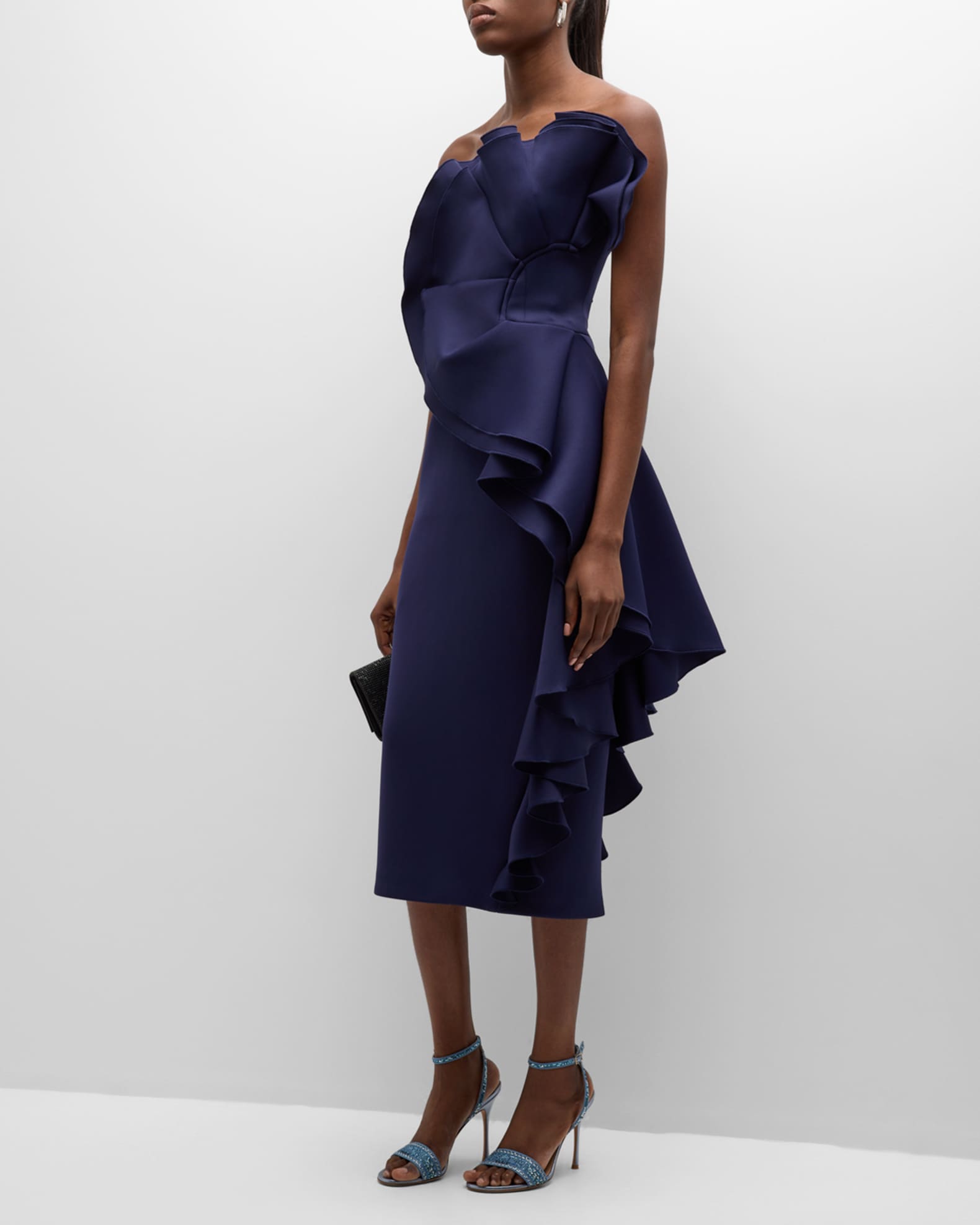 Jovani Strapless Ruffle Scuba Midi Dress Neiman Marcus 