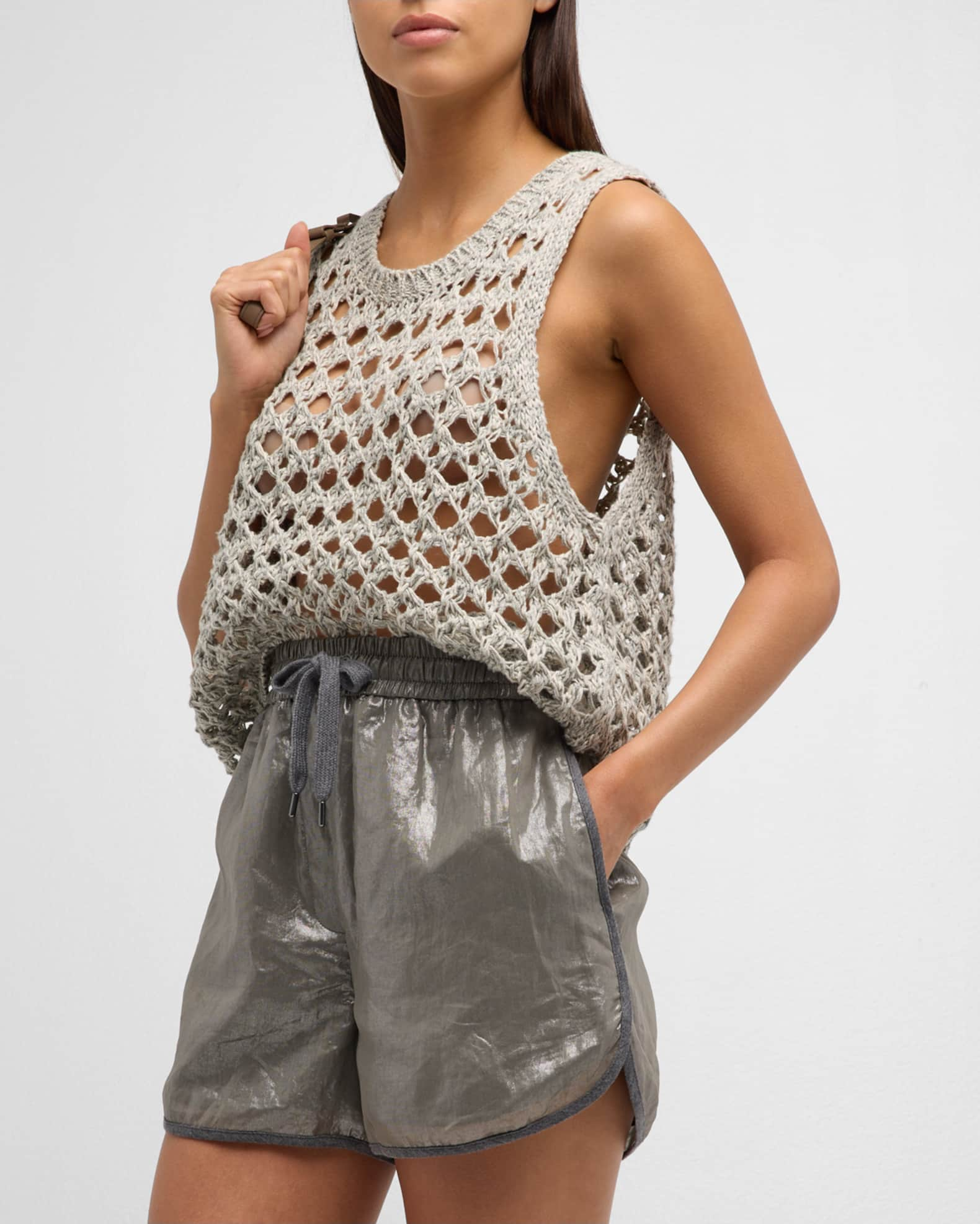 Cotton Blend Openwork Sleeveless Top