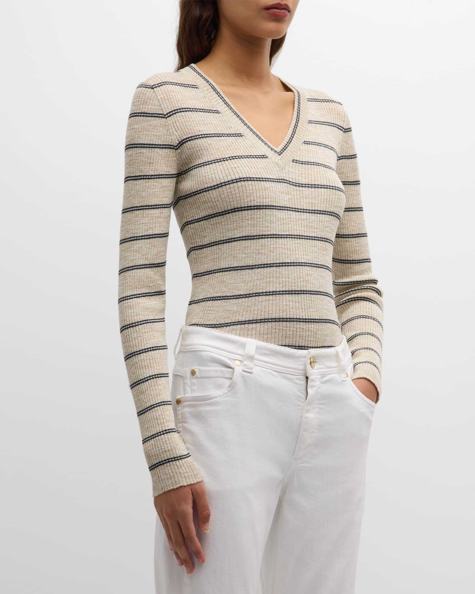 Striped Metallic Linen Long-Sleeve V-Neck Knit Sweater