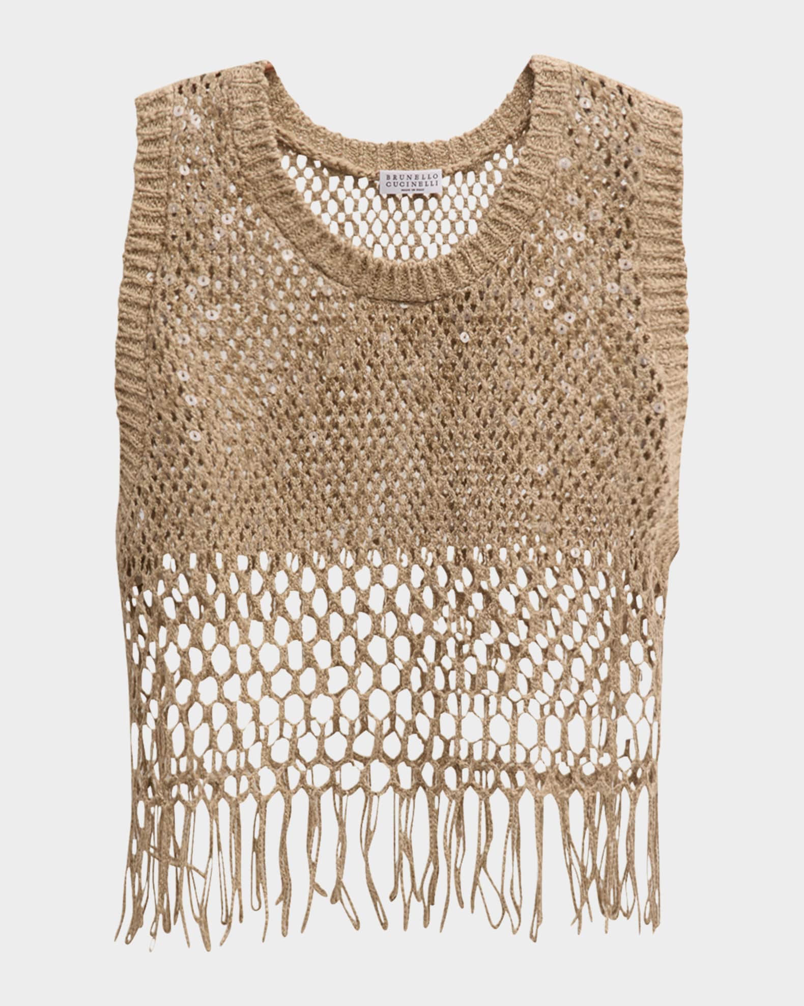 Brunello Cucinelli Linen-Silk Degrade Paillette Opera Knit Crop Tank Top With Fringe