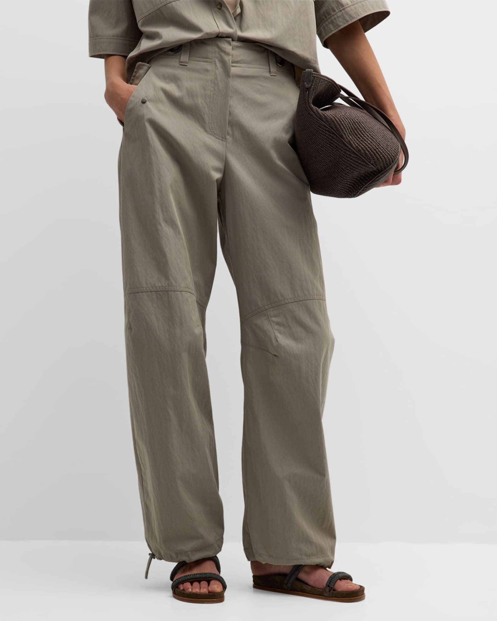 Brunello Cucinelli Lightly Wrinkled Cotton Curved Pants