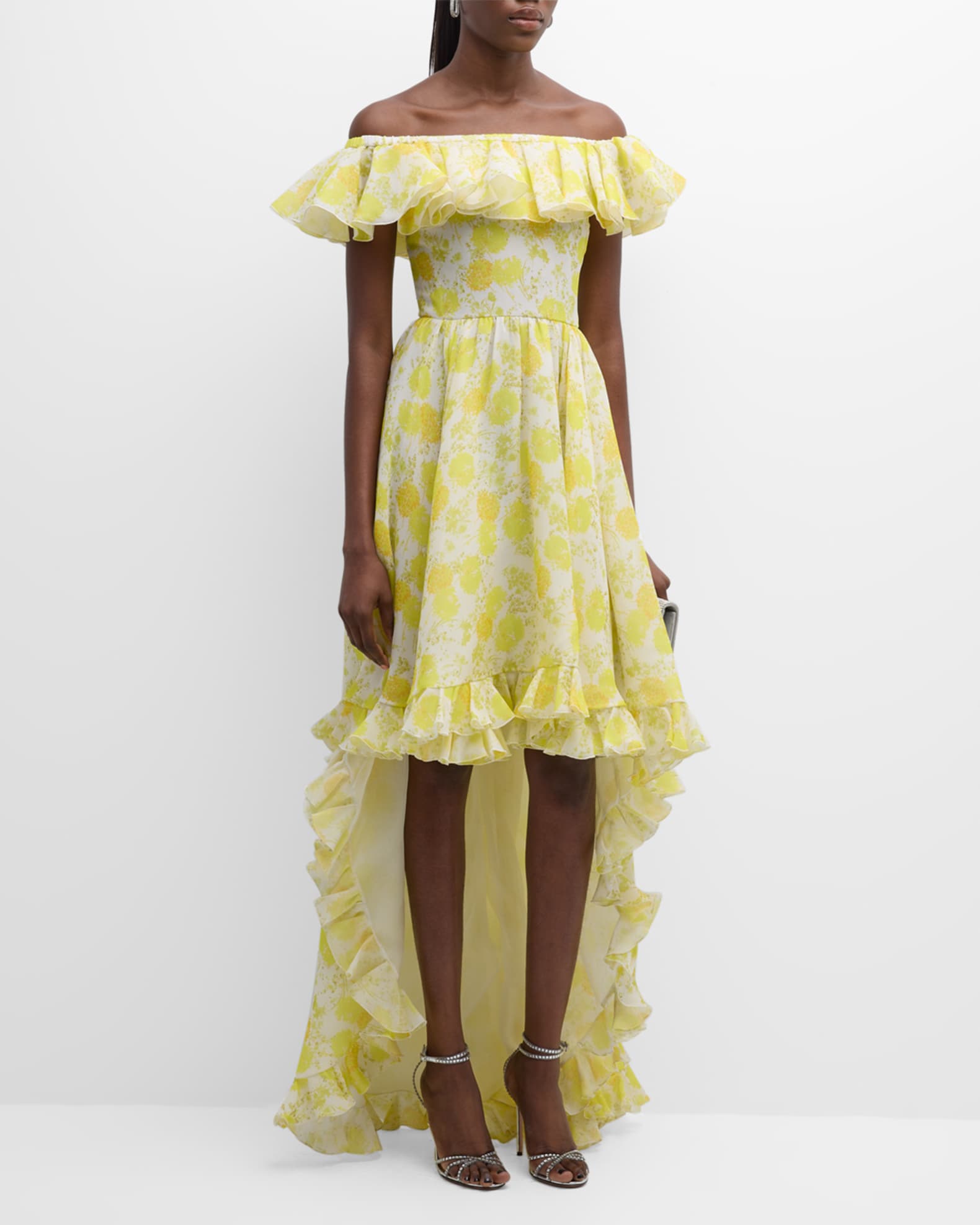 Giambattista Valli Floral print Ruffle Off The Shoulder Silk Georgette High Low Dress Yellow Hydrangea