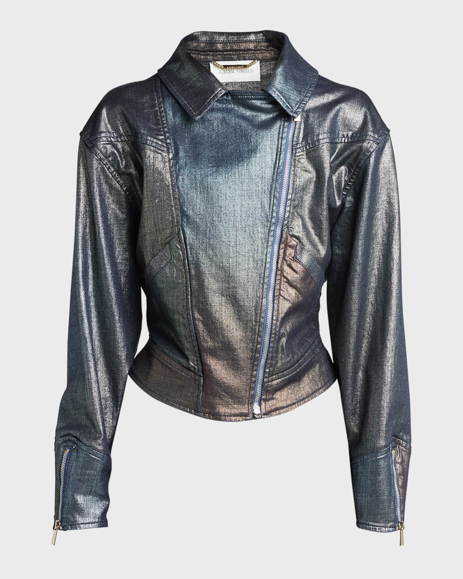 Alberta Ferretti Metallic Coated Denim Moto Jacket Neiman Marcus
